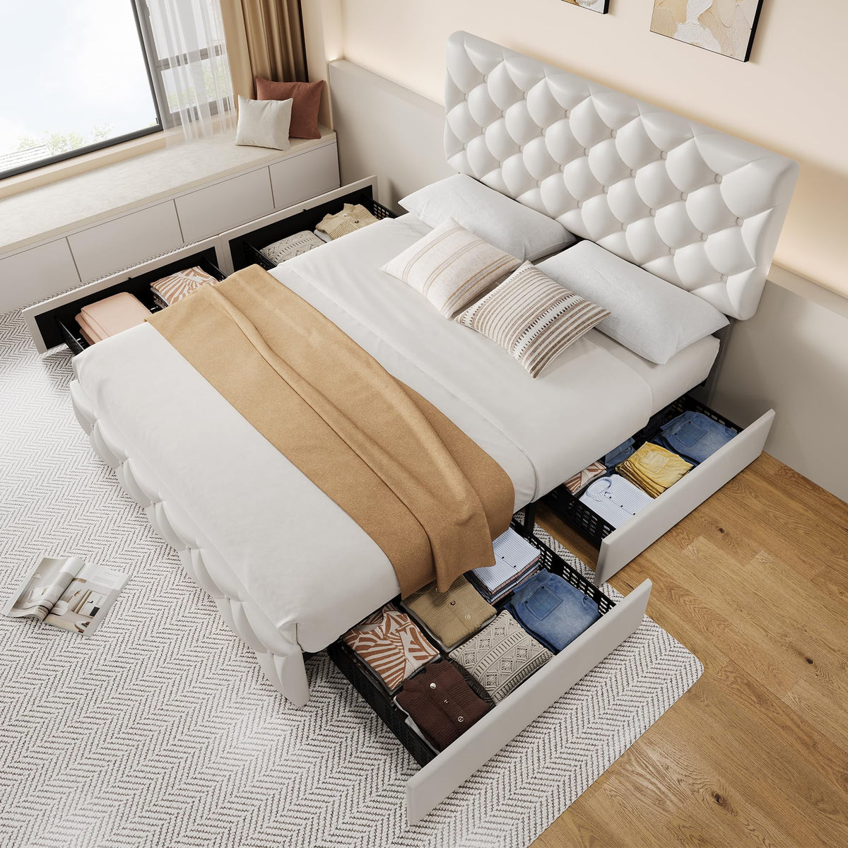 TROPOW Full Size Bed Frame,with 4 Storage Drawers and Adjustable Headboard, Linen Upholstered Platform Bed Frame, Diamond Stitched Button Tufted, No Box Spring Needed,White
