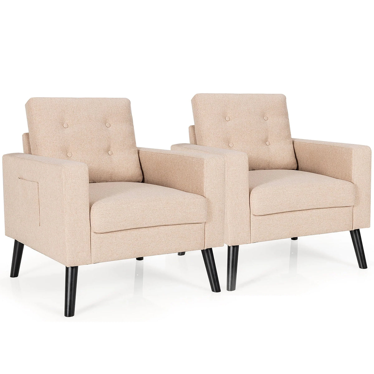Costway Set of 2 Accent Armchairs Upholstered Single Sofa Chairs w/ 2-Side Pockets Beige