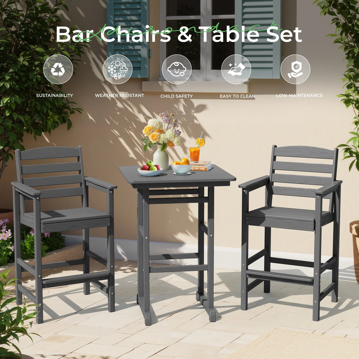 SERWALL Tall Adirondack Chairs and Table 3 Pieces Set, Adirondack Bar Height Chairs Set of 2 and Bar Table, Outdoor Barstools Set for Balcony, Poolside, Backyard, Grey