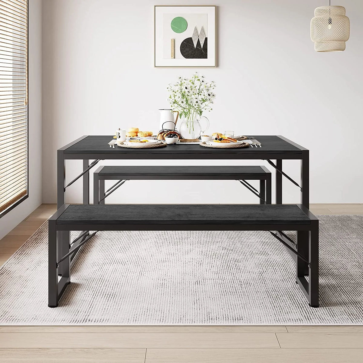 Dining Table Set for 4 People with 2 Benches, Dinette Set, 550lbs, Black