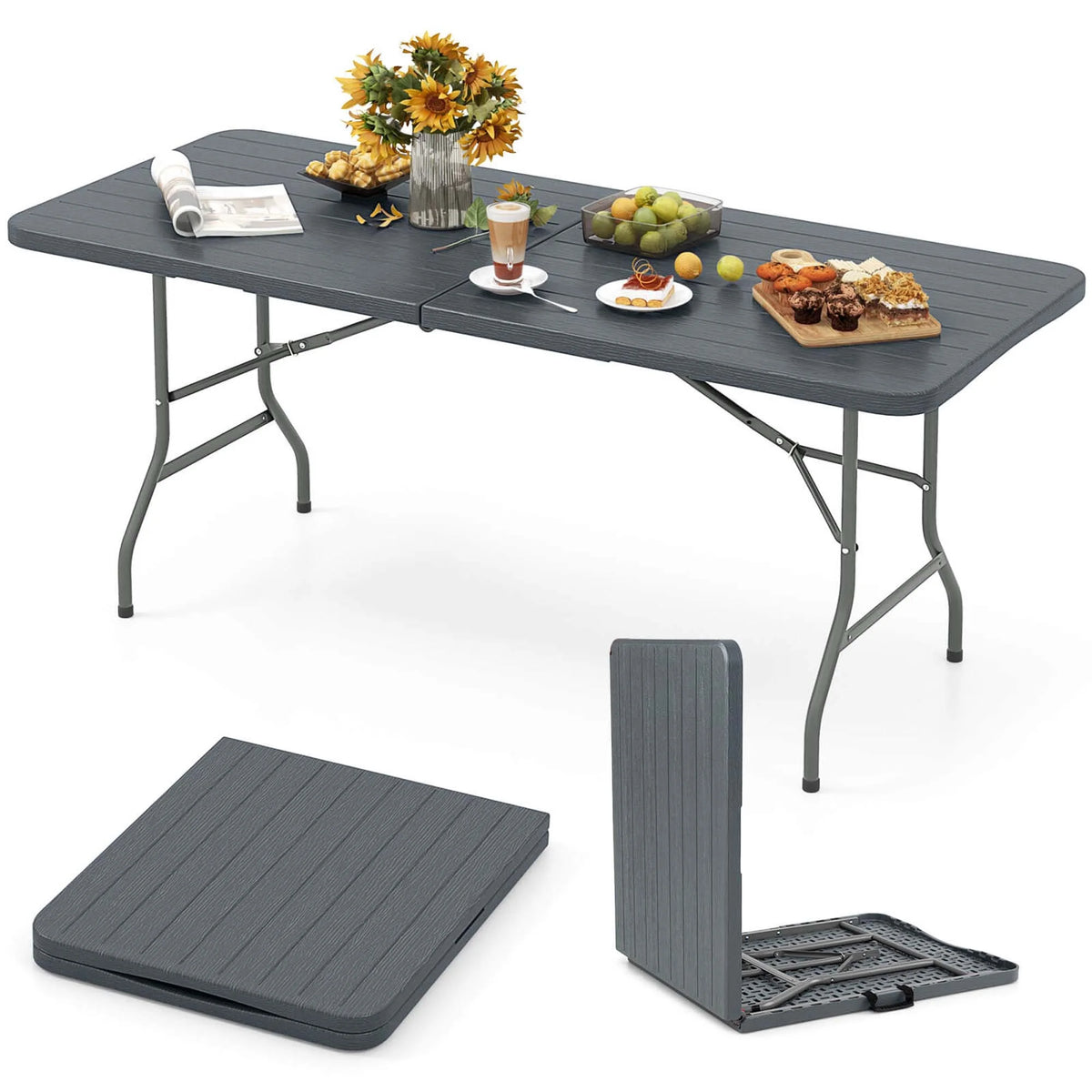 Costway 6 ft Portable Folding Table with Wood Grain HDPE Tabletop Safe Lock Mechanism Gray