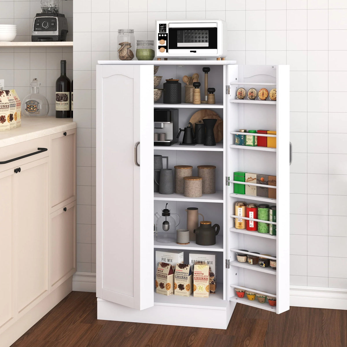 47 Kitchen Pantry Cabinet, White Buffet Cupboards Sideboard with Doors & Adjustable Shelves, Kitchen