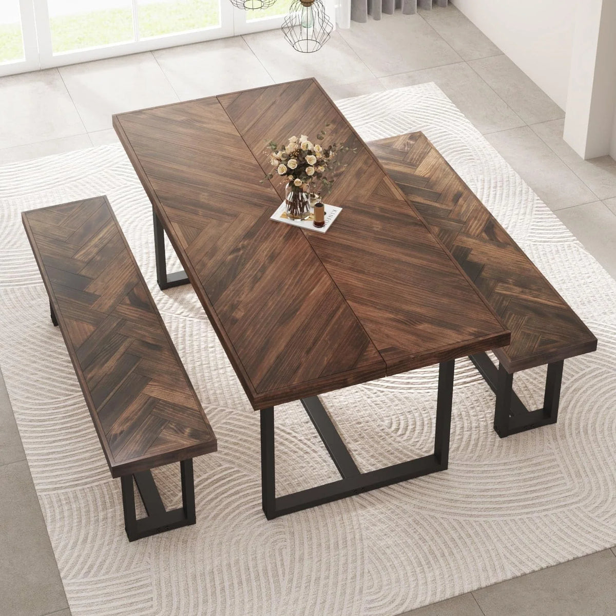 ChVans 72 inch Modern Farmhouse Solid Wood Dining Table for 6 to 8, Rectangular Kitchen and Dining Table with Metal Frame, Rustic Breakfast Table for Living, Dining Room(Brown+Pattern-72 in Dining Table)