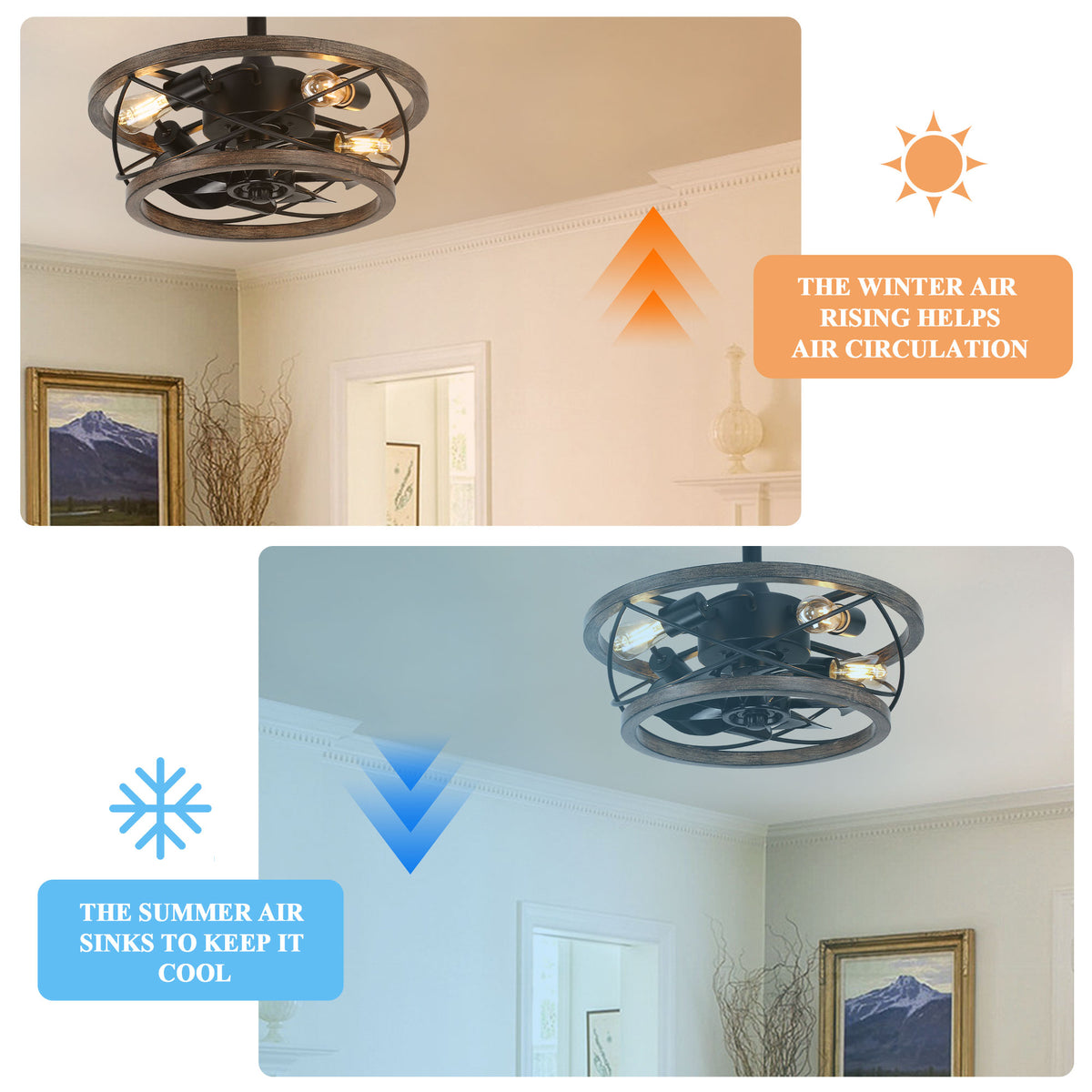 18" Rustic Wood Caged Ceiling Fan with Light and Remote Control, Farmhouse 3-Speed Reversible Flush Mount Ceiling Fan