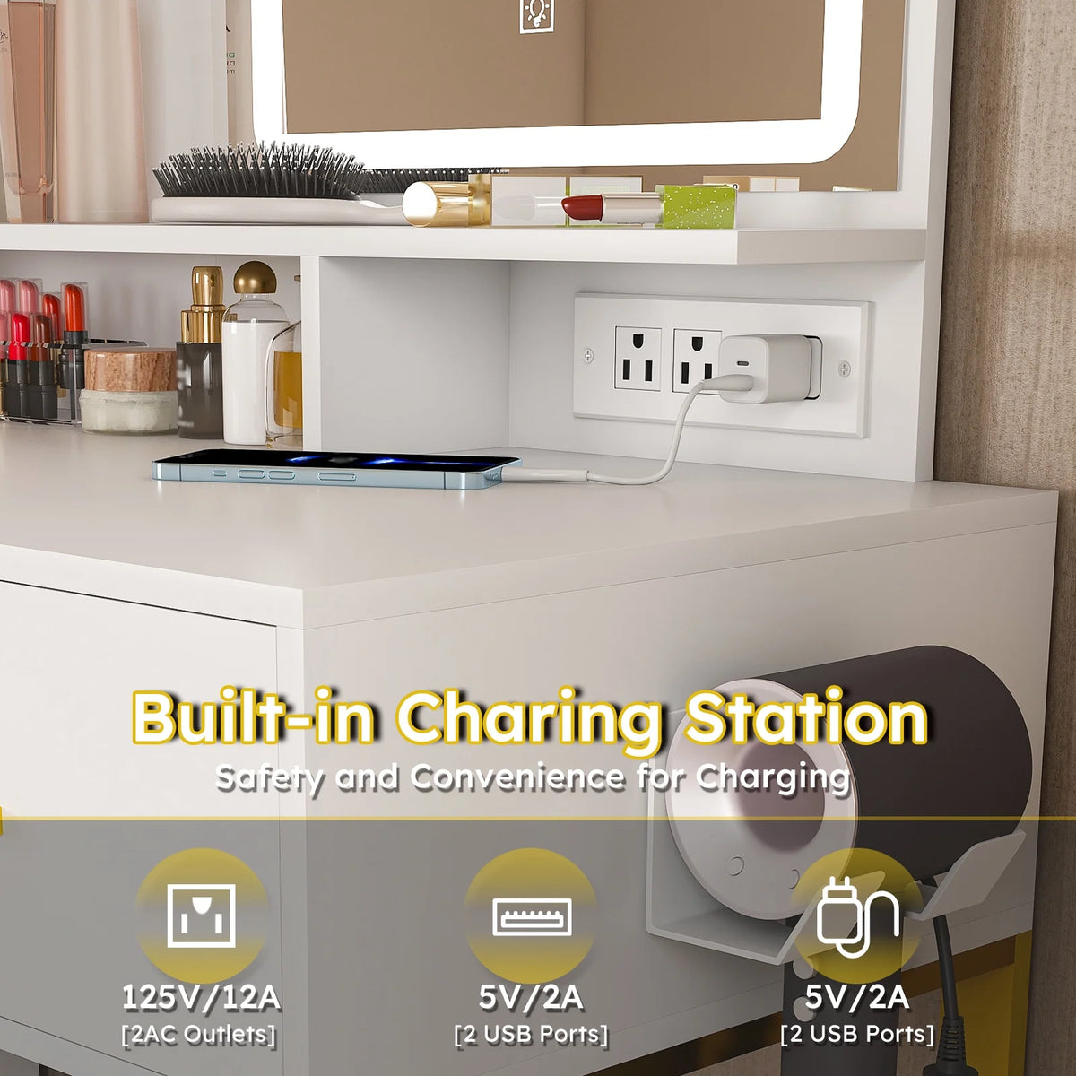 Montary Modern Mini Vanity w/Adjustable LED Mirror + Hidden Storage, Padded Stool & Dustproof Shelves (White)