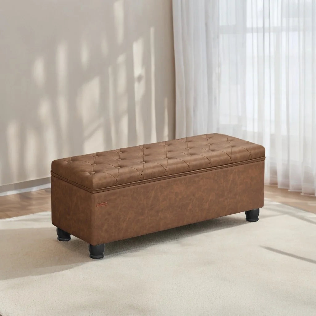 SONGMICS 46.5" Storage Ottoman Bench Storage Bench Bedroom Bench 330lb Load Capacity Solid Wood Legs Light Gray