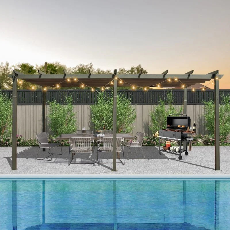Aluminum Retractable Pergola with Sun Shade Patio Gazebo with Weather-Resistant Canopy for Backyard Deck Garden Grape Trellis Outdoor Pergola, Beige