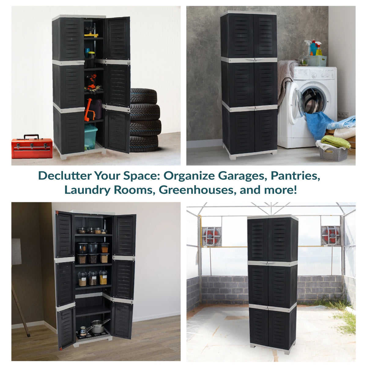 Sunnydaze Lockable Adjustable 72" Plastic 4-Shelf Freestanding Garage Storage Cabinet, Charcoal with Gray Trim
