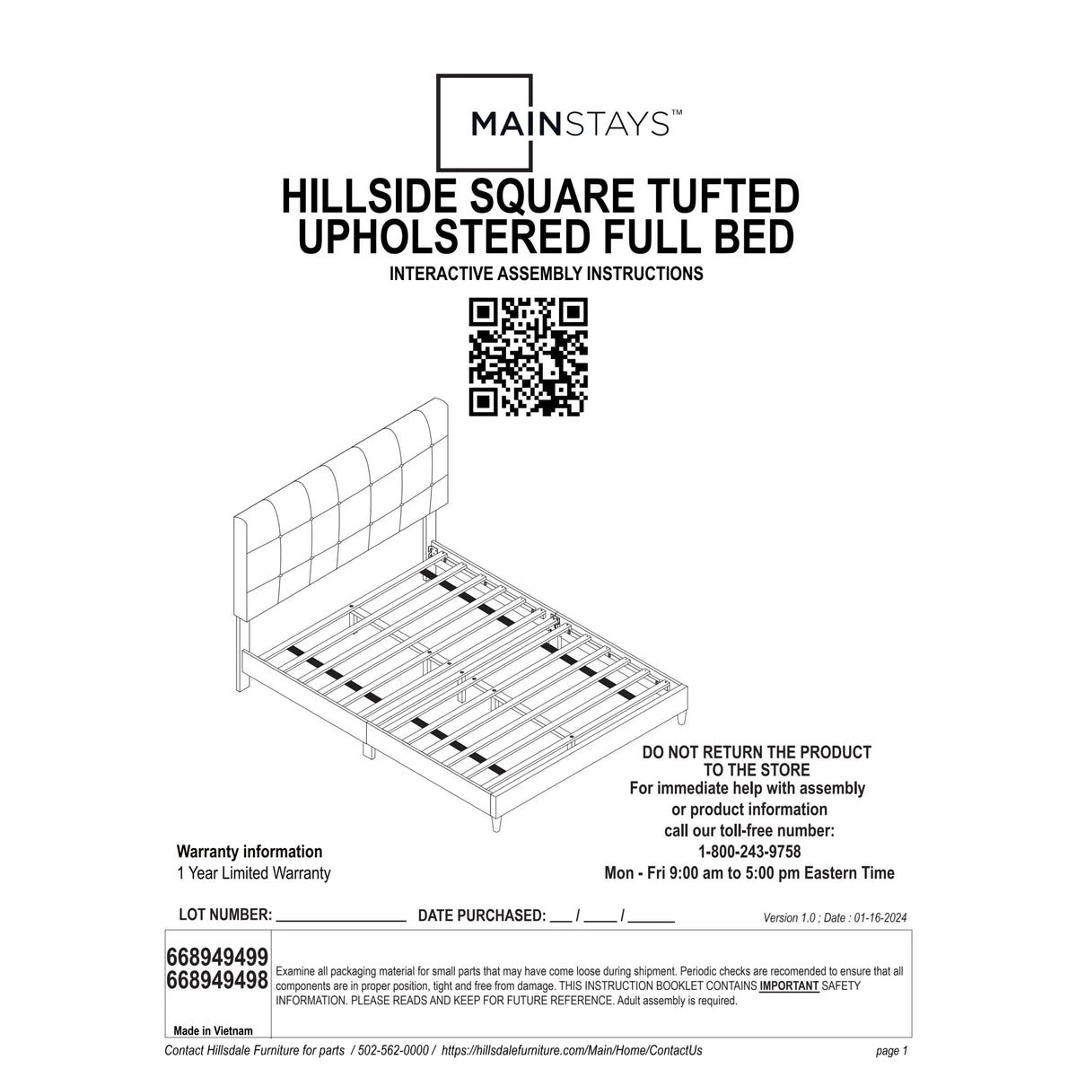 Mainstays Hillside Square Tufted Upholstered Full Platform Bed, Ivory Fabric