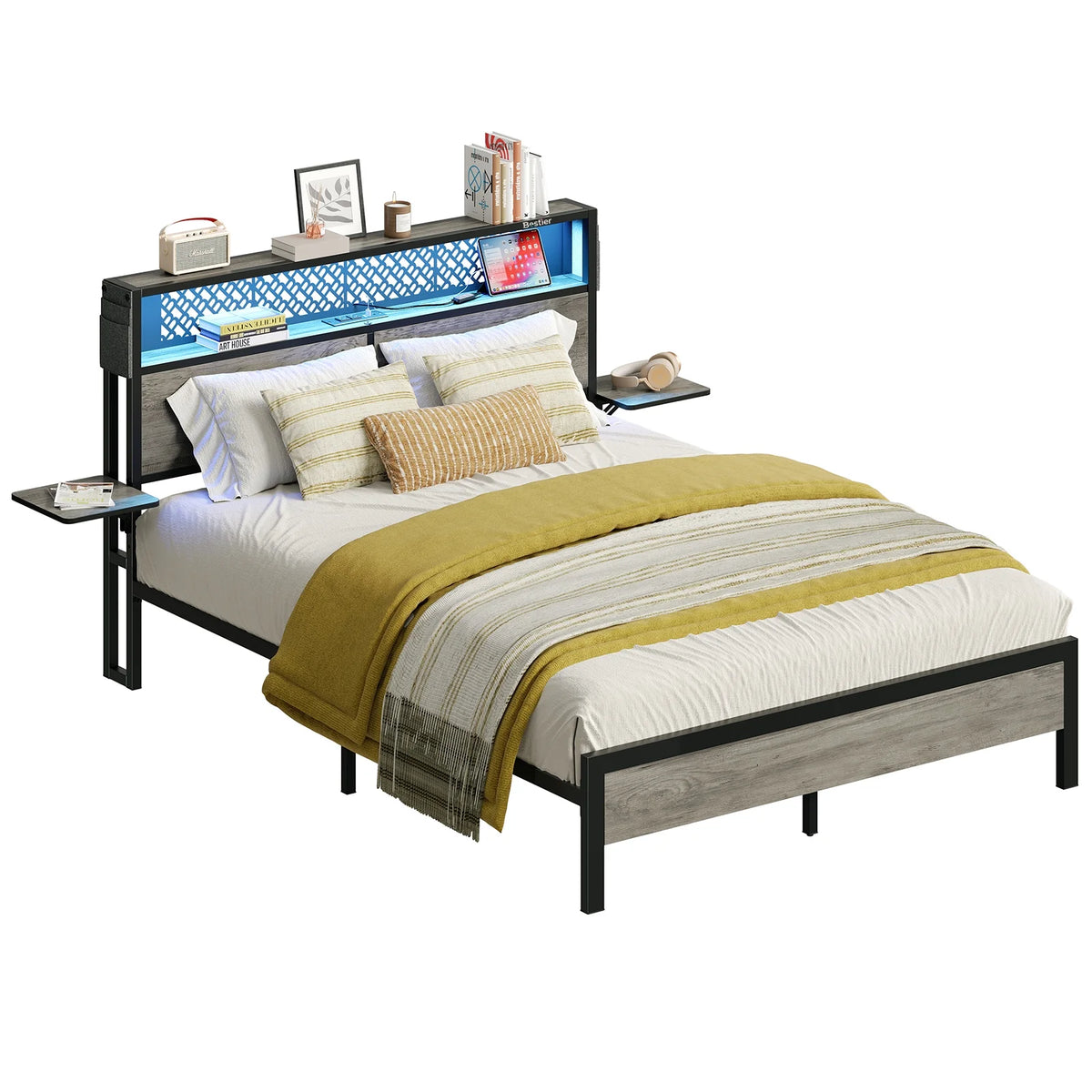 Bestier Queen Size Platform Bed Frame with Wood Foldable Bedside Shelves and LED Storage Headboard Charge Station, Gray
