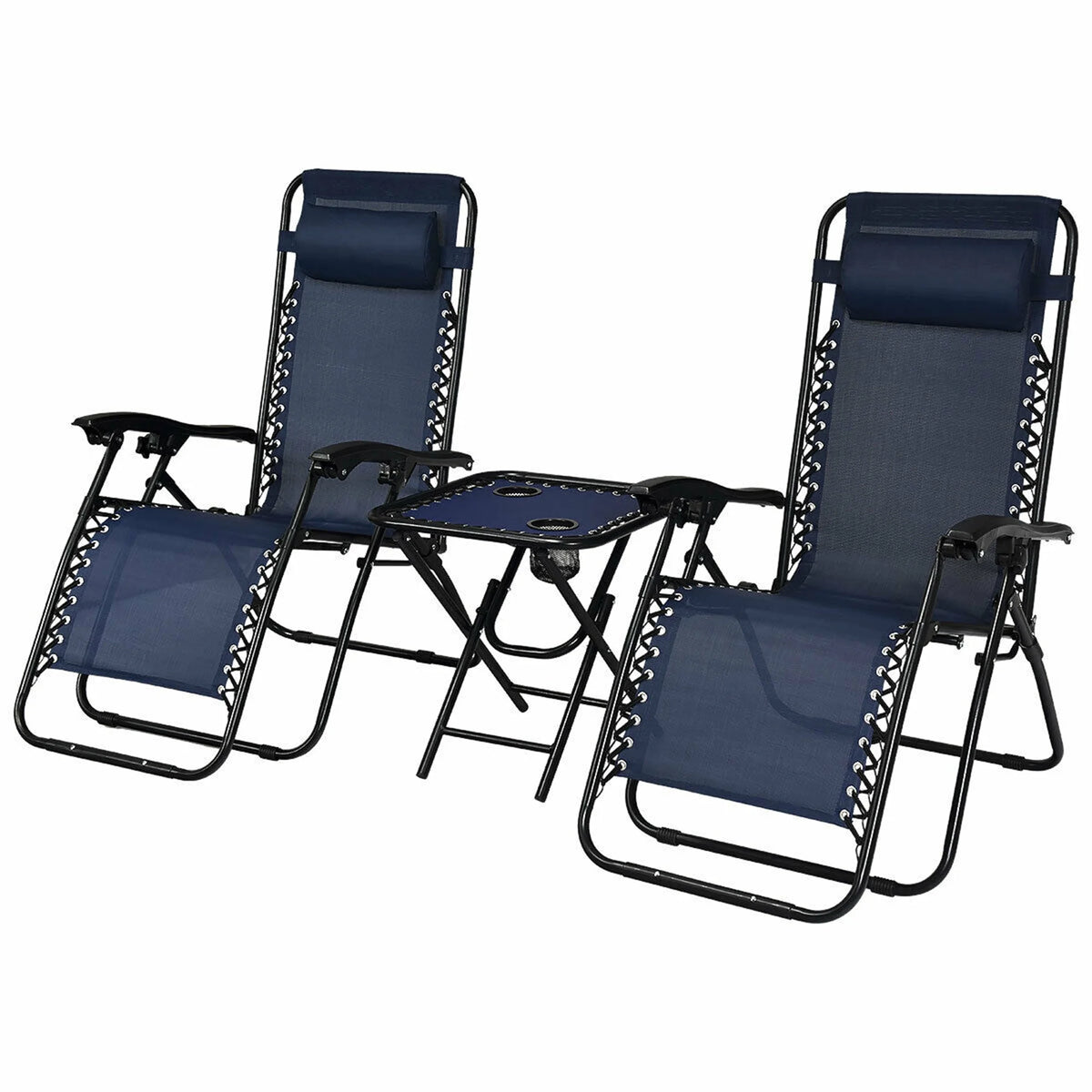 Gymax 3PC Zero Gravity Reclining Lounge Chairs Pillows Table Portable Folding Beige