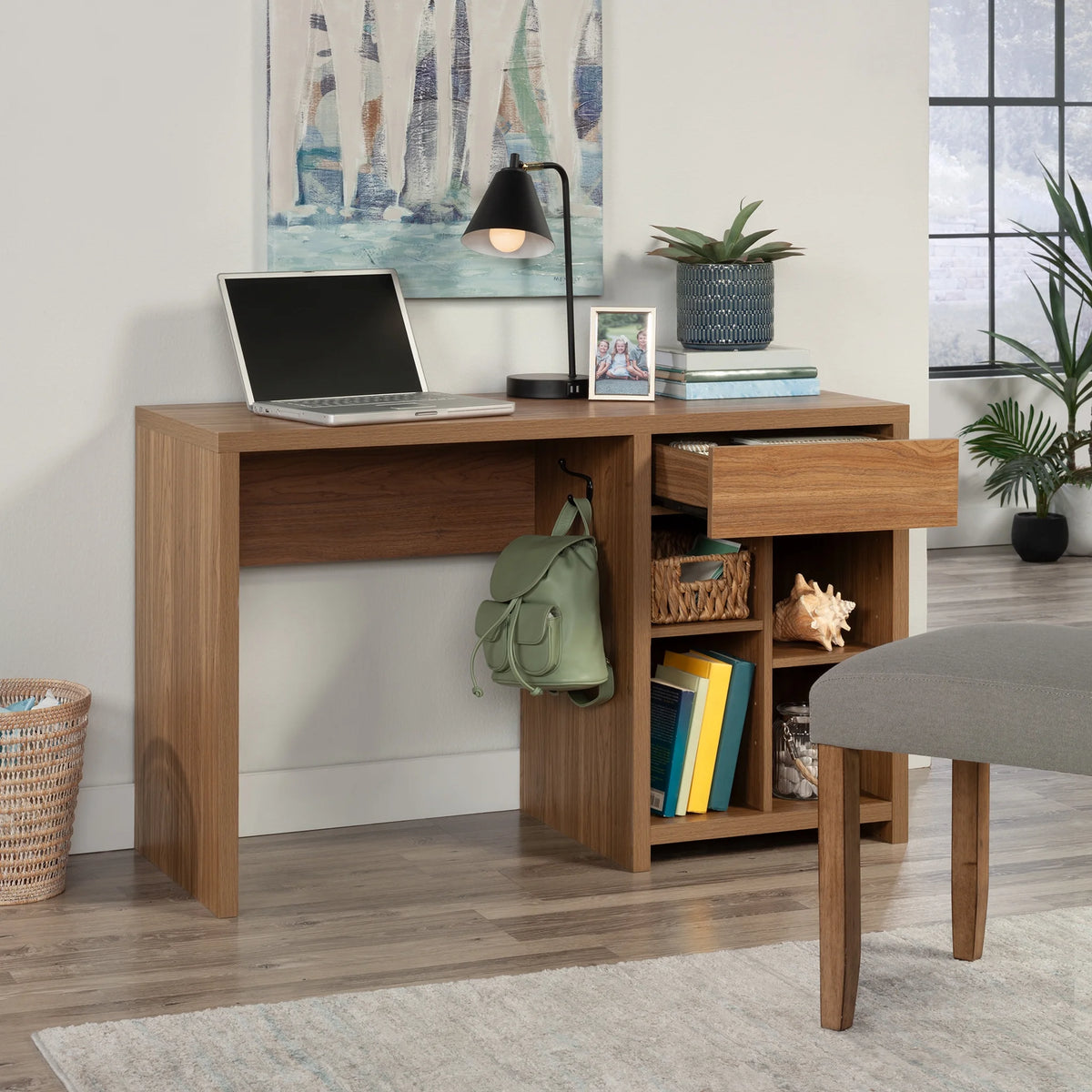 Mainstays Westley Adjustable Shelf Desk with Gaming Headphone Hook and Cable Management, Warm Walnut Finish