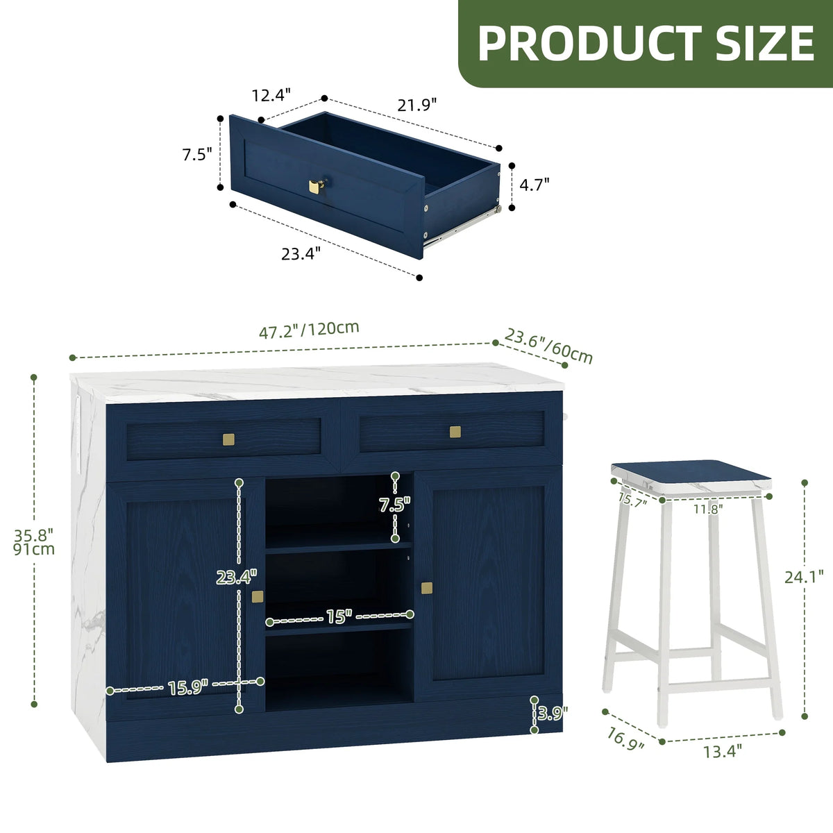 Uforic Kitchen Island Table with 2 Stools & Power Outlets, Kitchen Furniture with Storage, Navy Blue
