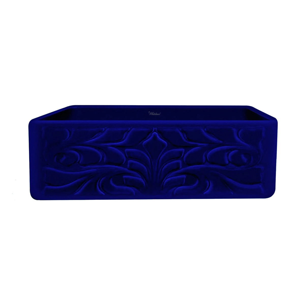 Farmhaus Fireclay Reversible Sink with a Gothichaus Swirl Design Front Apron on One Side, and a Fluted Front Apron on the Opposite Side.