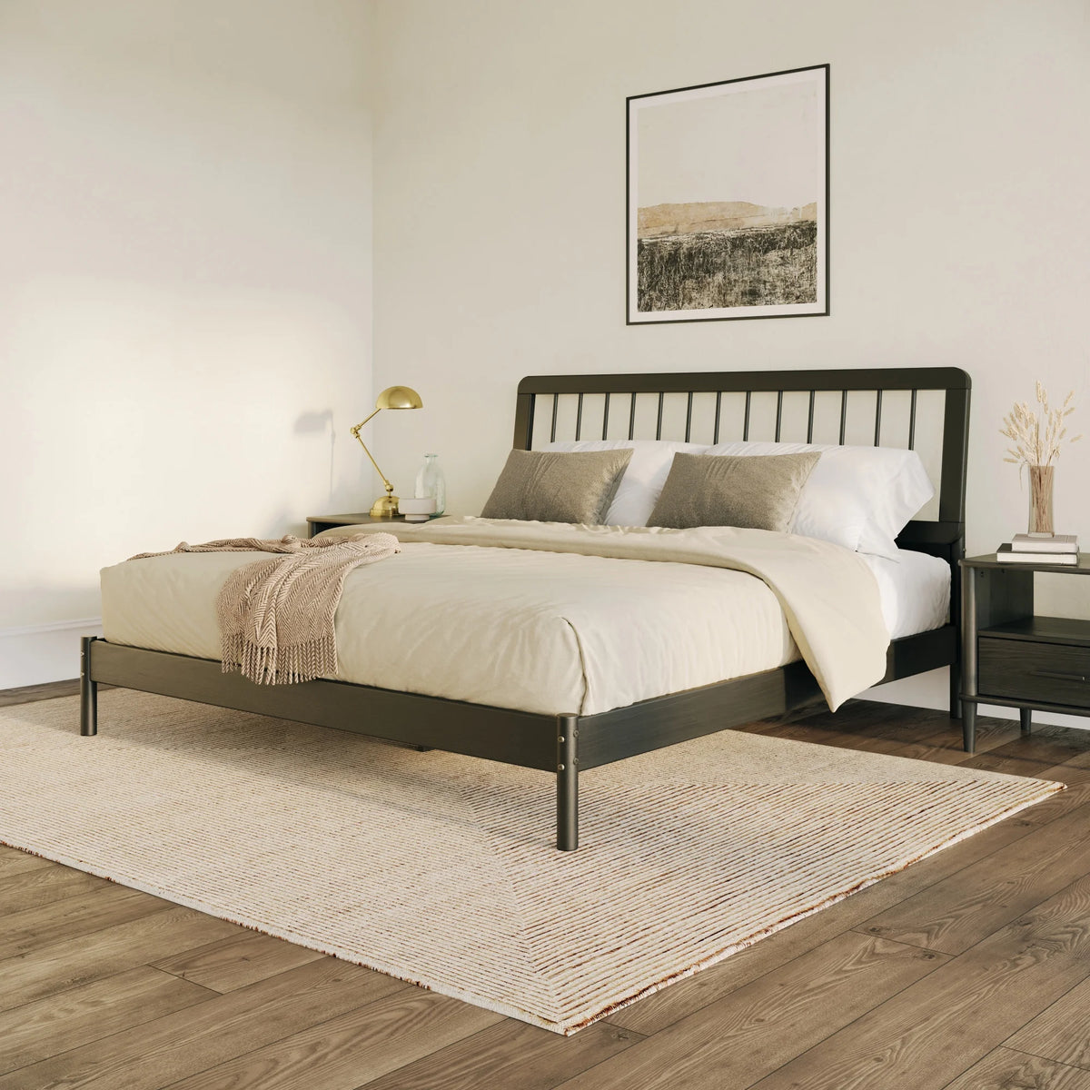 Walker Edison Mid-Century Modern Slatted Solid Wood Queen Bedframe, Natural Pine