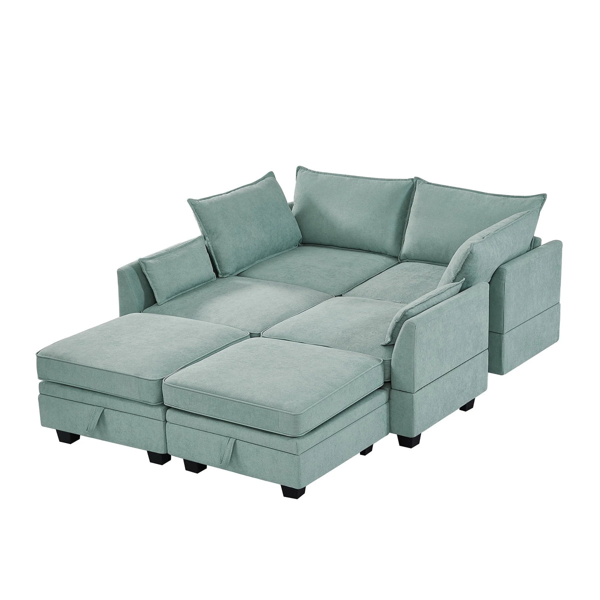 Euroco Large U-Shaped Sectional Sofa 6 Seat Convertible Sofa with Storage Seat, Modular Sofa with 2 Stools, Green