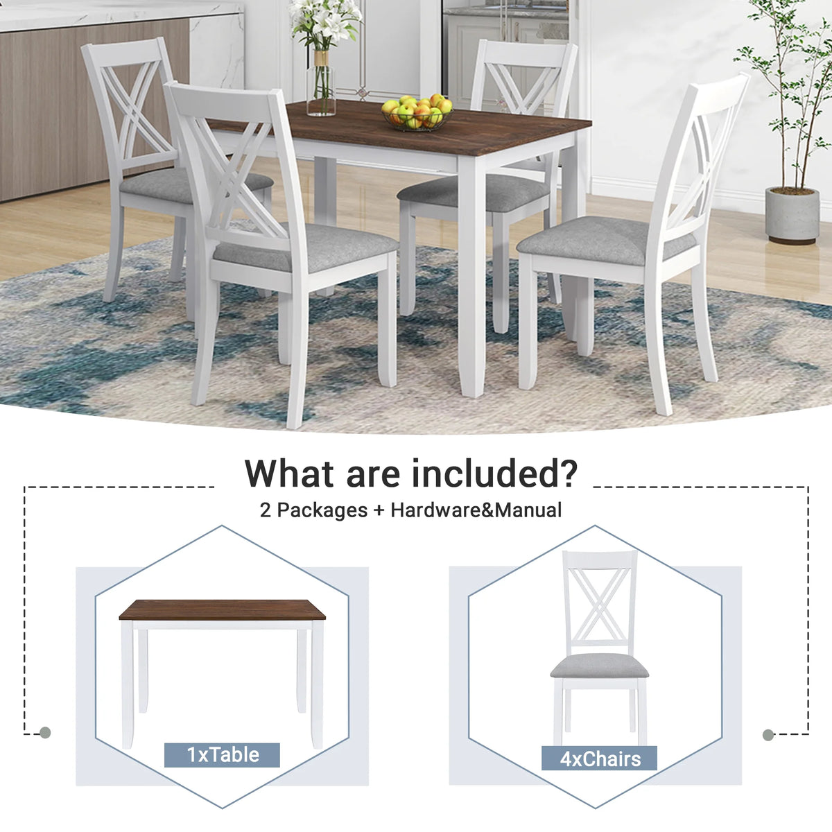Seizeen Solid Wood Kitchen Table and Chairs, Dining Room Table Set for 4 with Gray Upholstered Chairs, Wood Grain Table Heavy-Duty Frame, Rustic Minimalist Style Breakfast Nook Set