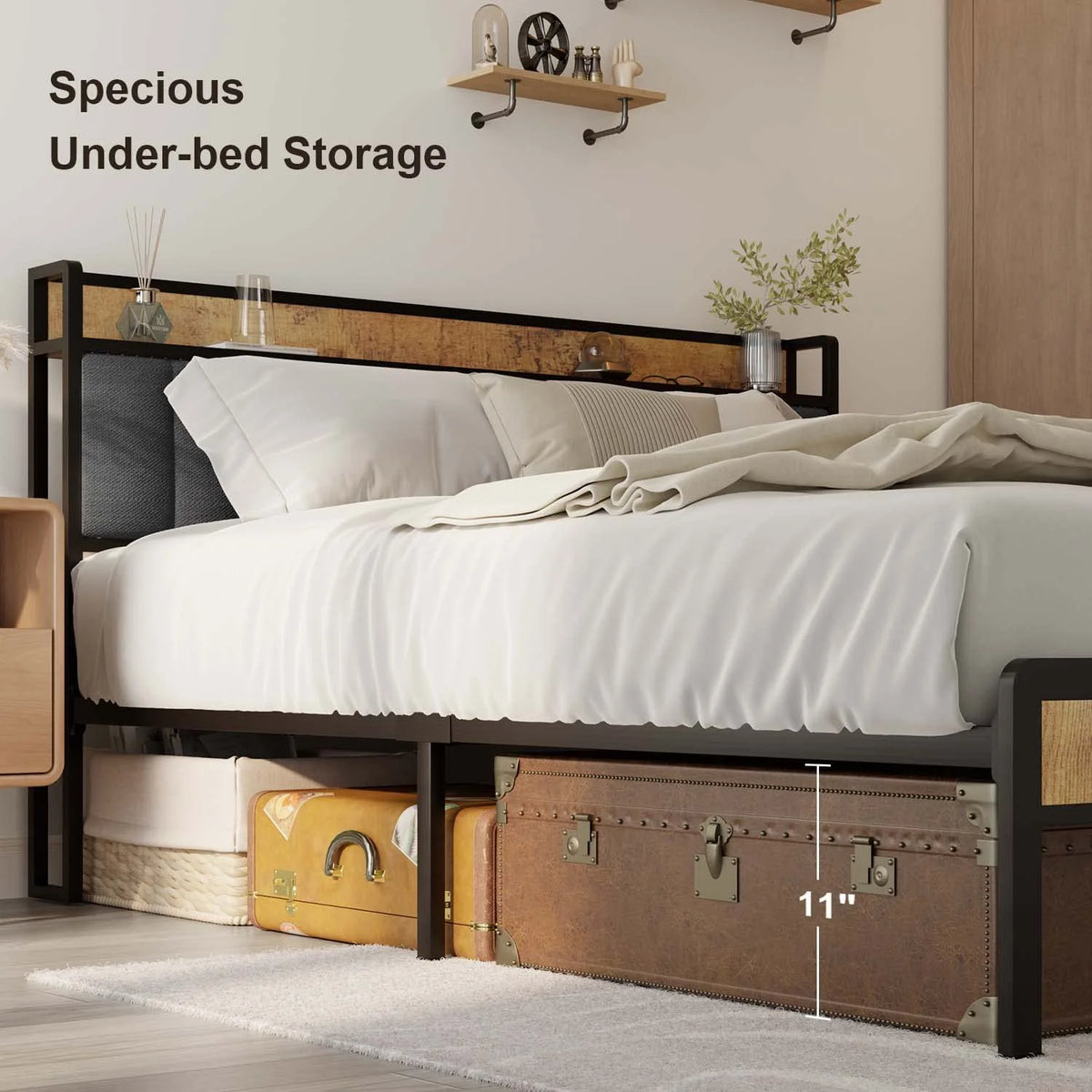 Lofka Queen Size Bed Frame with Upholstered Wingback Headboard Beige Finish