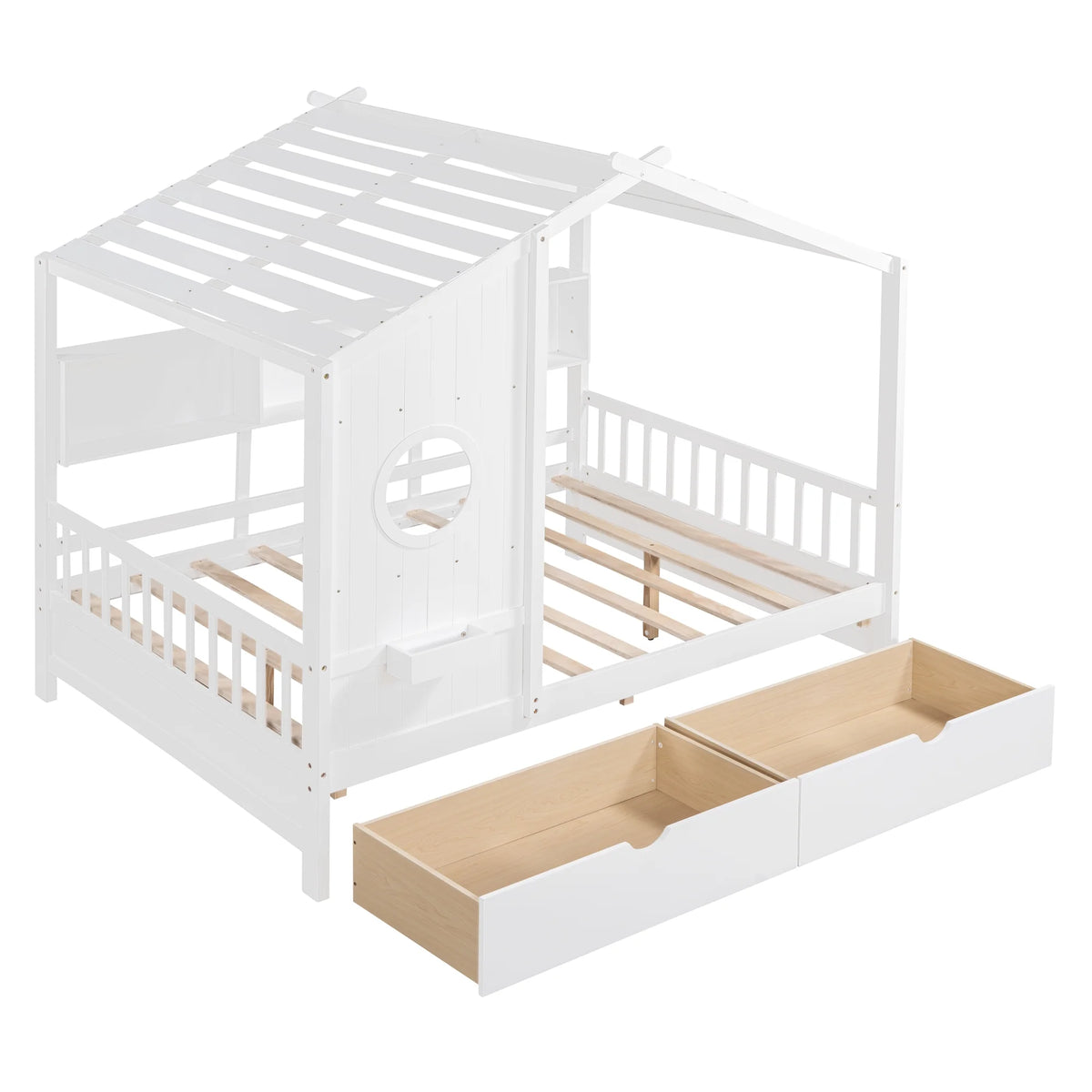 Bellemave House Bed with 2 Drawers and Storage Shelves, Wood Full Size Montessori Bed Frame with Roof and Window, Playhouse Bed for Bedroom (White)