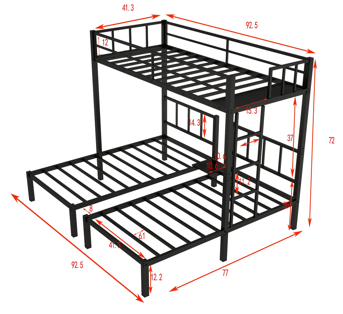 Jump Into Fun Triple Bunk Bed, Metal Twin over Twin and Twin Bunk Bed with Ladder, Full-Length Guardrail, 3 Beds Bunk Bed Can Convertible into 3 Twin Beds for Kids, Teens, Adults, Noise Free, Black