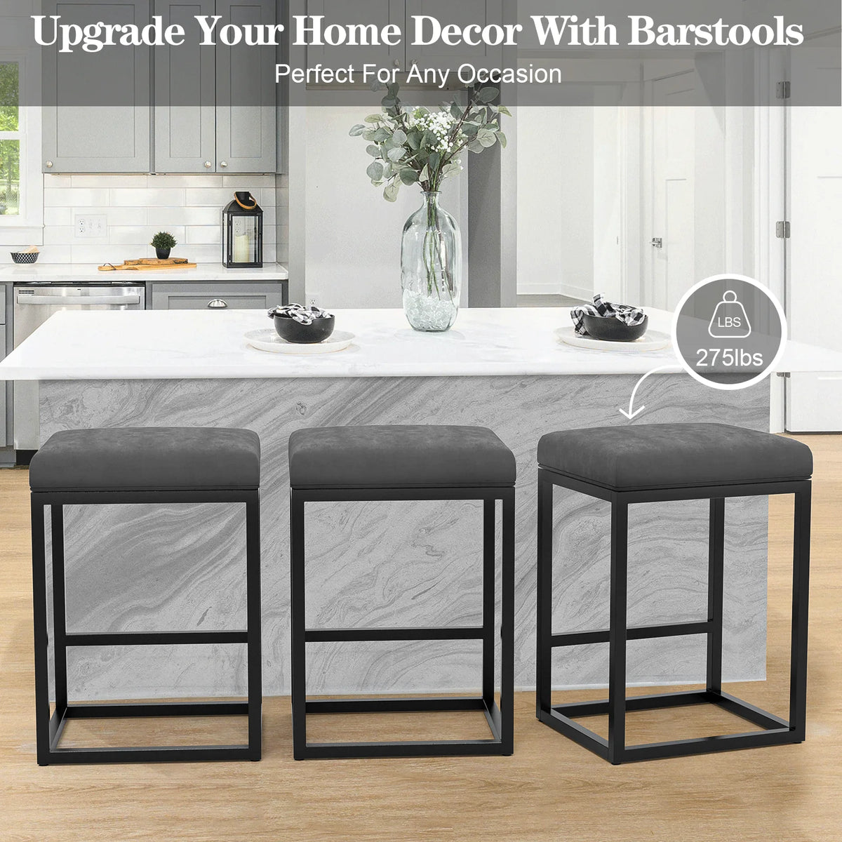 Nathaniel Home 24 Inch Bar Stools Set of 2, Modern PU Leather Metal Barstool, Backless Kitchen Dining Cafe Stool, Upholstered Bar Stool with Footrest, Gray
