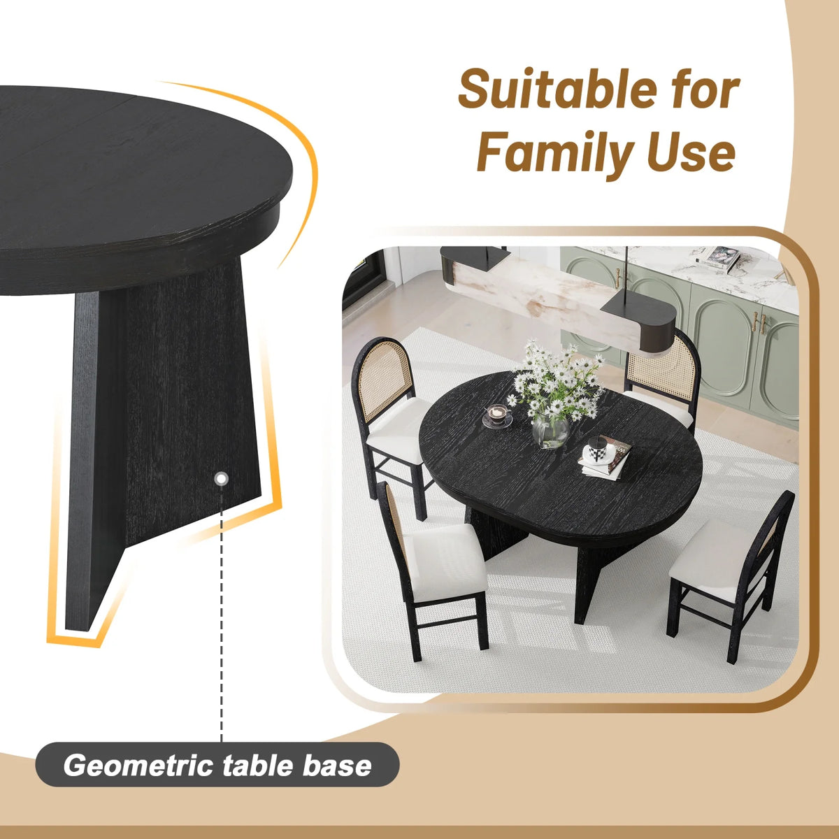5-Piece Extendable Dining Table Set for 4 People, Solid Wood Kitchen Table Set with 4 Upholstered Chairs and Rattan Backrests for Dining Room and Kitchen, Natural