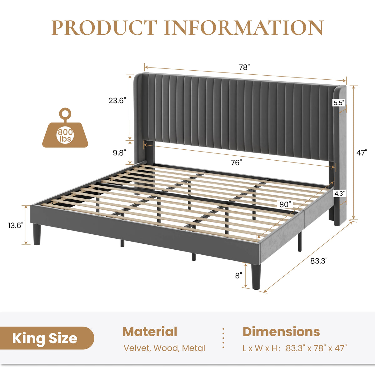 Sha Cerlin Queen Size Upholstered Platform Bed Frame with Velvet Channel Wingback Headboard, Off White