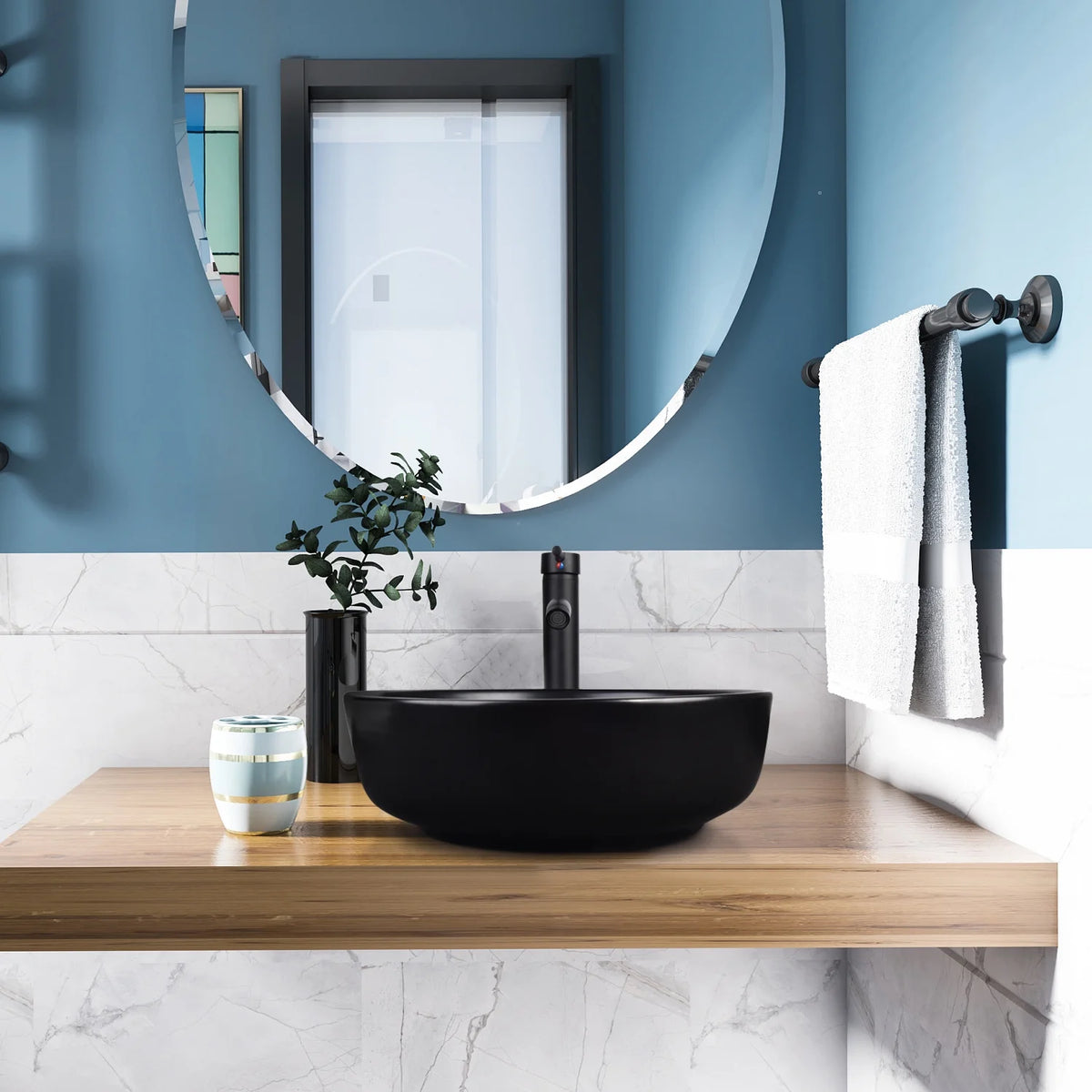 FULLWATT Bathroom Ceramic Sink Vanity Vessel Basin Porcelain Faucet Drain Combo Rectangle,White