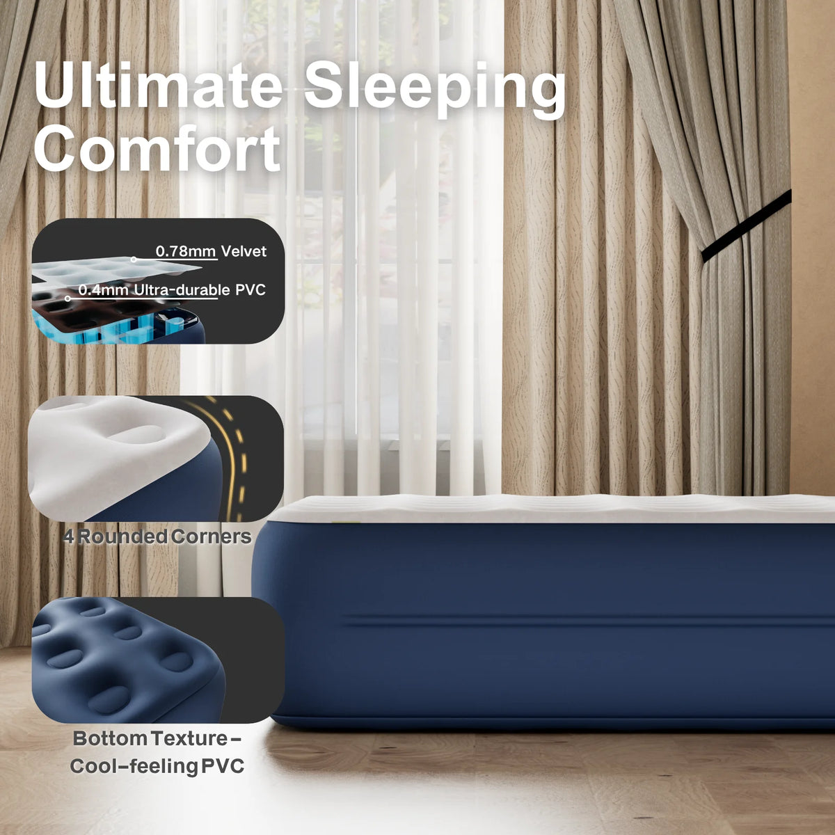 Luxury Queen Air Mattress with Built-In Battery Pump,Heavy-Duty Waterproof Veltex Surface for Indoor/Outdoor Use,Portable Inflatable Camping Bed & Guest Bed(Blue)