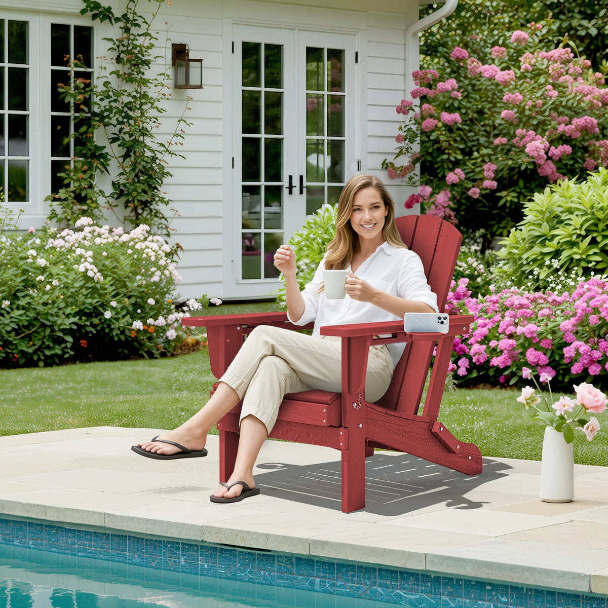 SERWALL Folding Adirondack Chair Set with Dual Cup Holders & Phone Holder, All-Weather HDPE Fire Pit Chairs for Outdoor, Patio, Poolside, Garden - Black