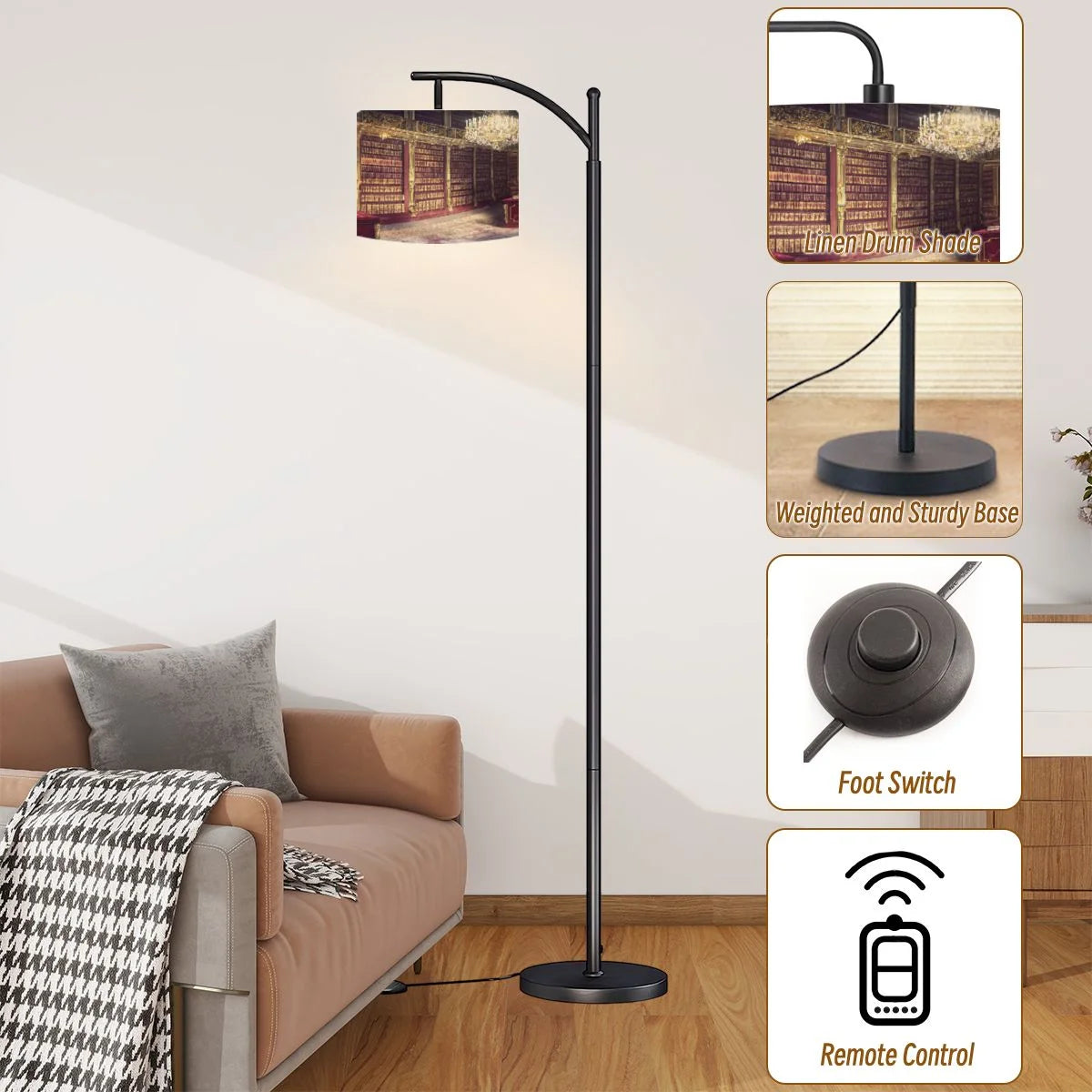 Arc Floor Lamps Surreal Bookshelf Dreamlike Sky Art Print Modern LED Adjustable Lampshade Standing Light for Living Room Reading Bedroom Office