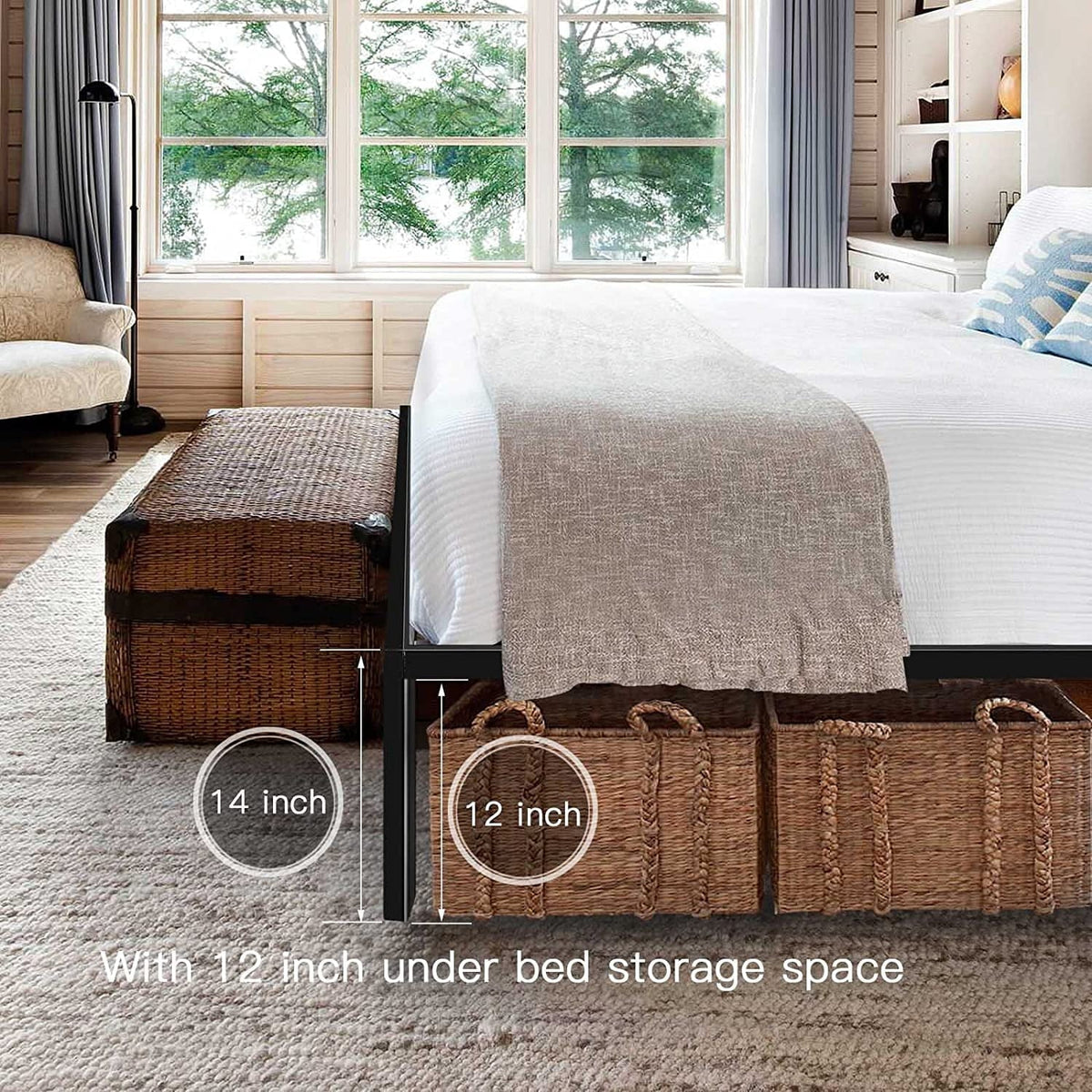 HAAGEEP King Platform Bed Frame No Box Spring Needed 14" with Storage Heavy Duty Black Metal