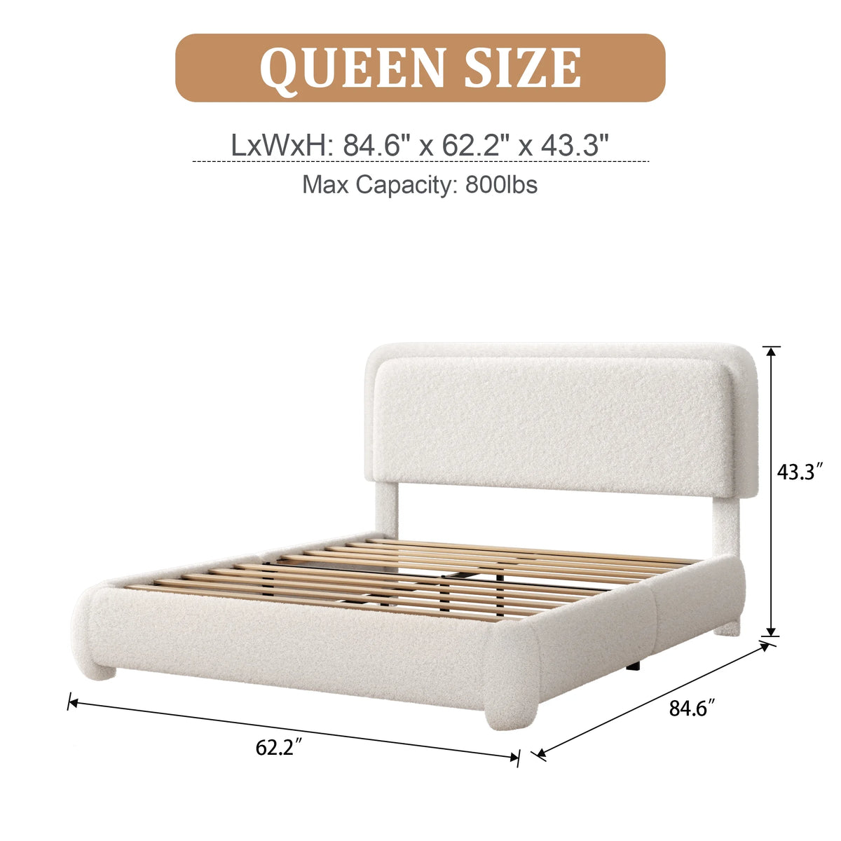 VIPLOV King Size Boucle Bed Frame, Cloud Upholstered Platform Bed with Height Adjustable Headboard & Soft Rounded Corners, No Noise Free, Easy Assembly,Beige