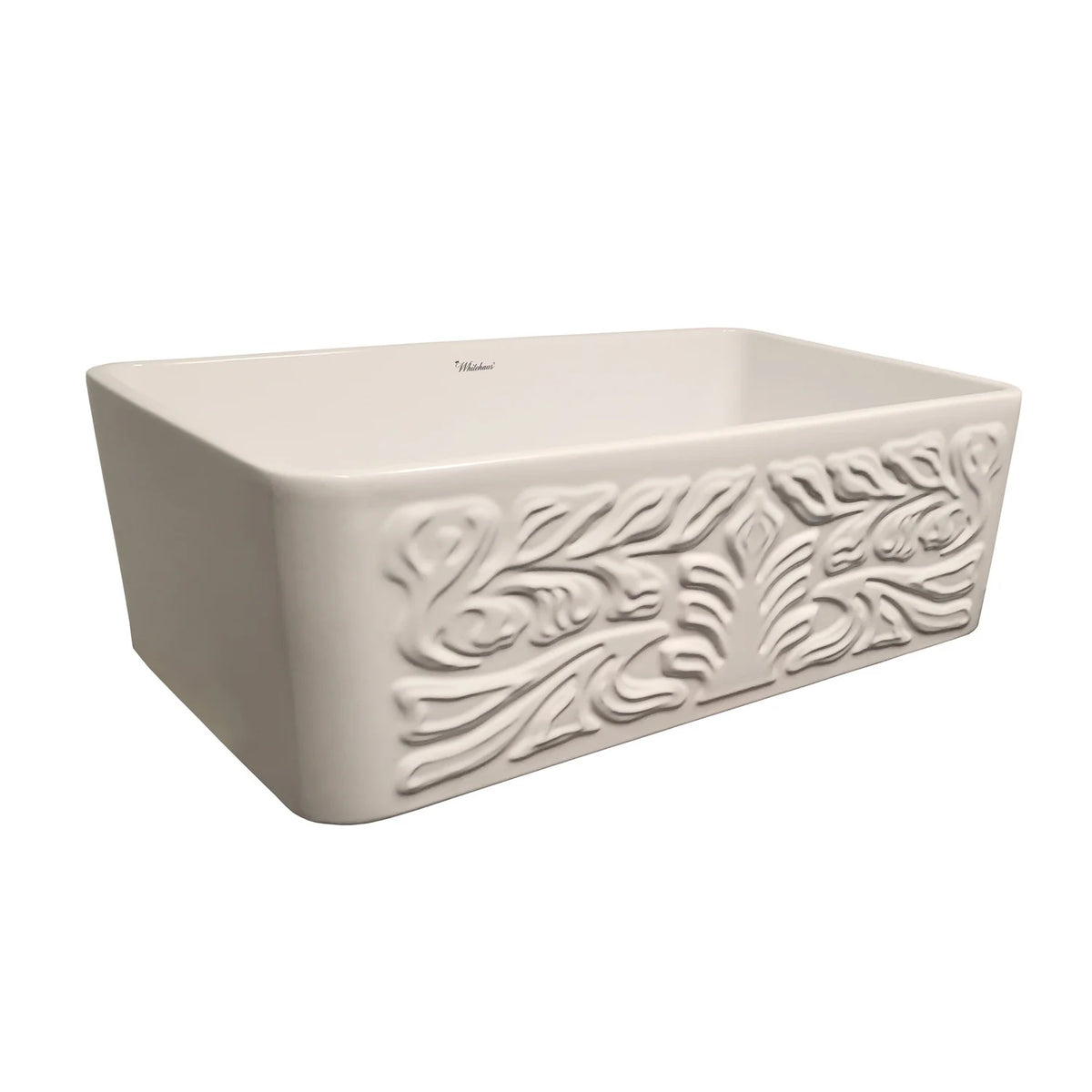 Farmhaus Fireclay Reversible Sink with a Gothichaus Swirl Design Front Apron on One Side, and a Fluted Front Apron on the Opposite Side.