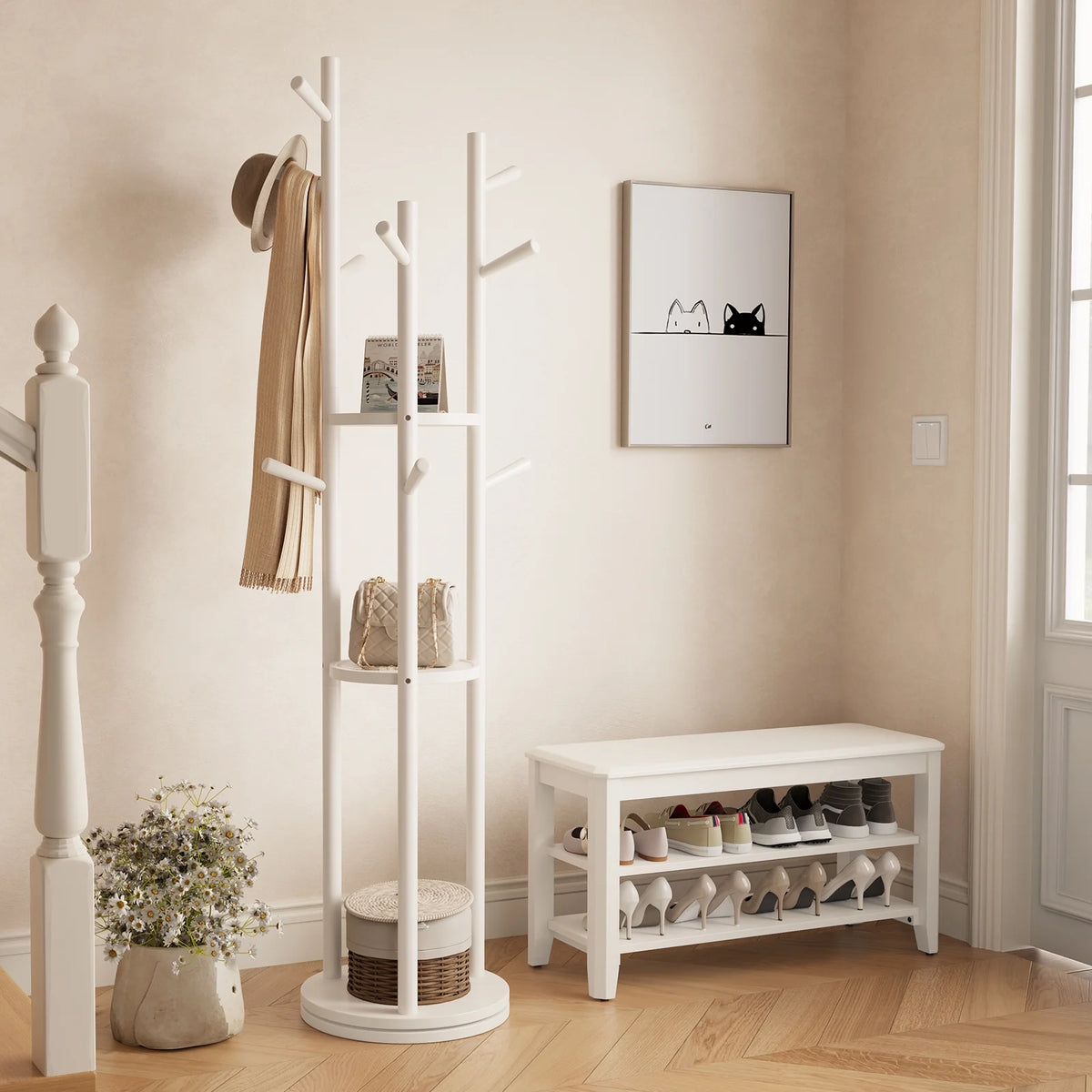 KASLANDI Solid Wood Rotary Coat Rack with 3 Shelves & 9 Hooks, Freestanding Hall Tree Stand, Coat Tree for Entryway, Living Room, Walnut, Easy Assembly