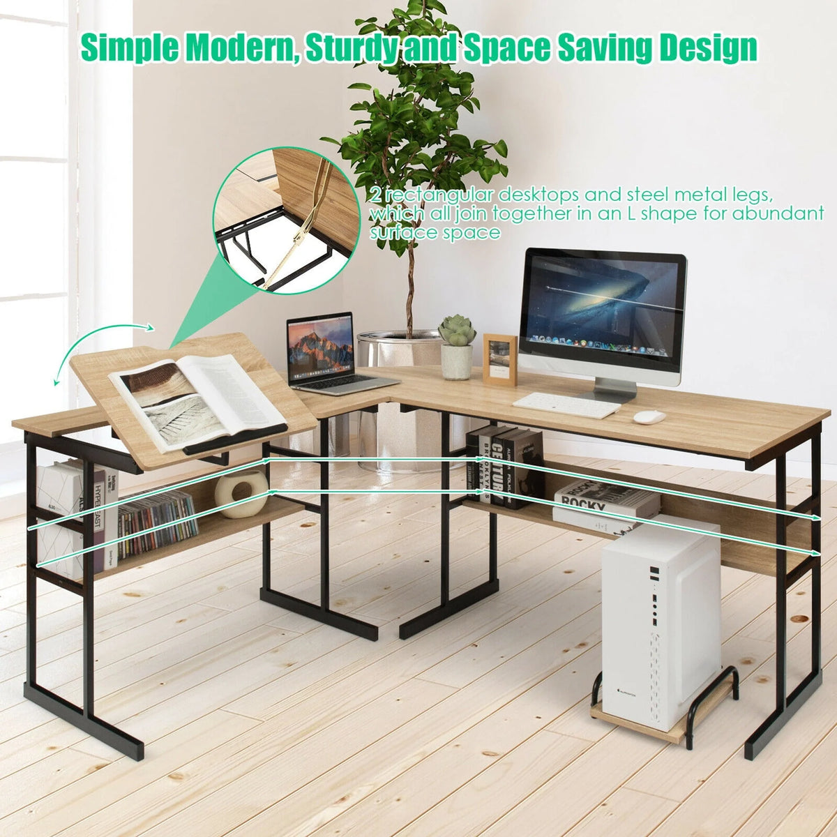 Gymax L-Shaped Computer Desk Drafting Table Workstation w/ Tiltable Tabletop Natural