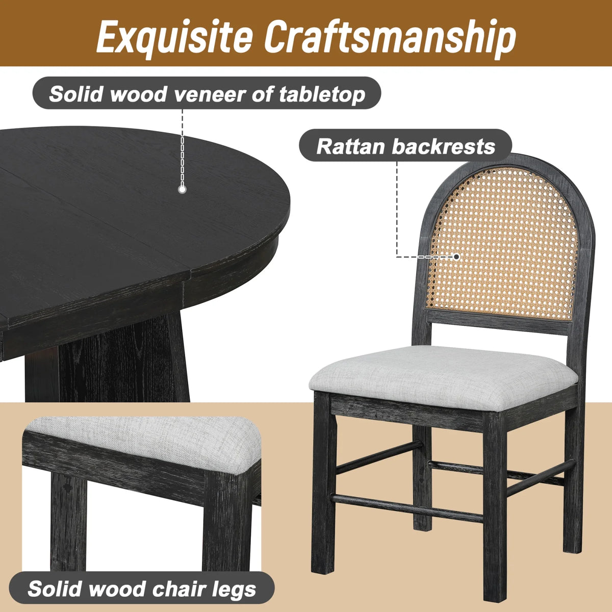 5-Piece Extendable Dining Table Set for 4 People, Solid Wood Kitchen Table Set with 4 Upholstered Chairs and Rattan Backrests for Dining Room and Kitchen, Natural