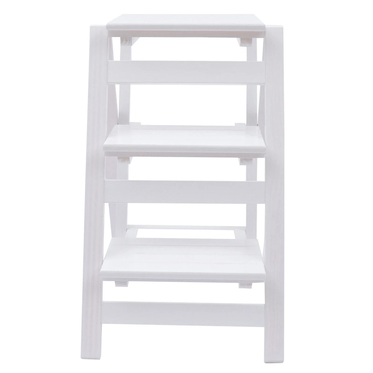 White 3-Tier Step Stool Solid Wood Folding Ladder Anti-Slip Step Stool