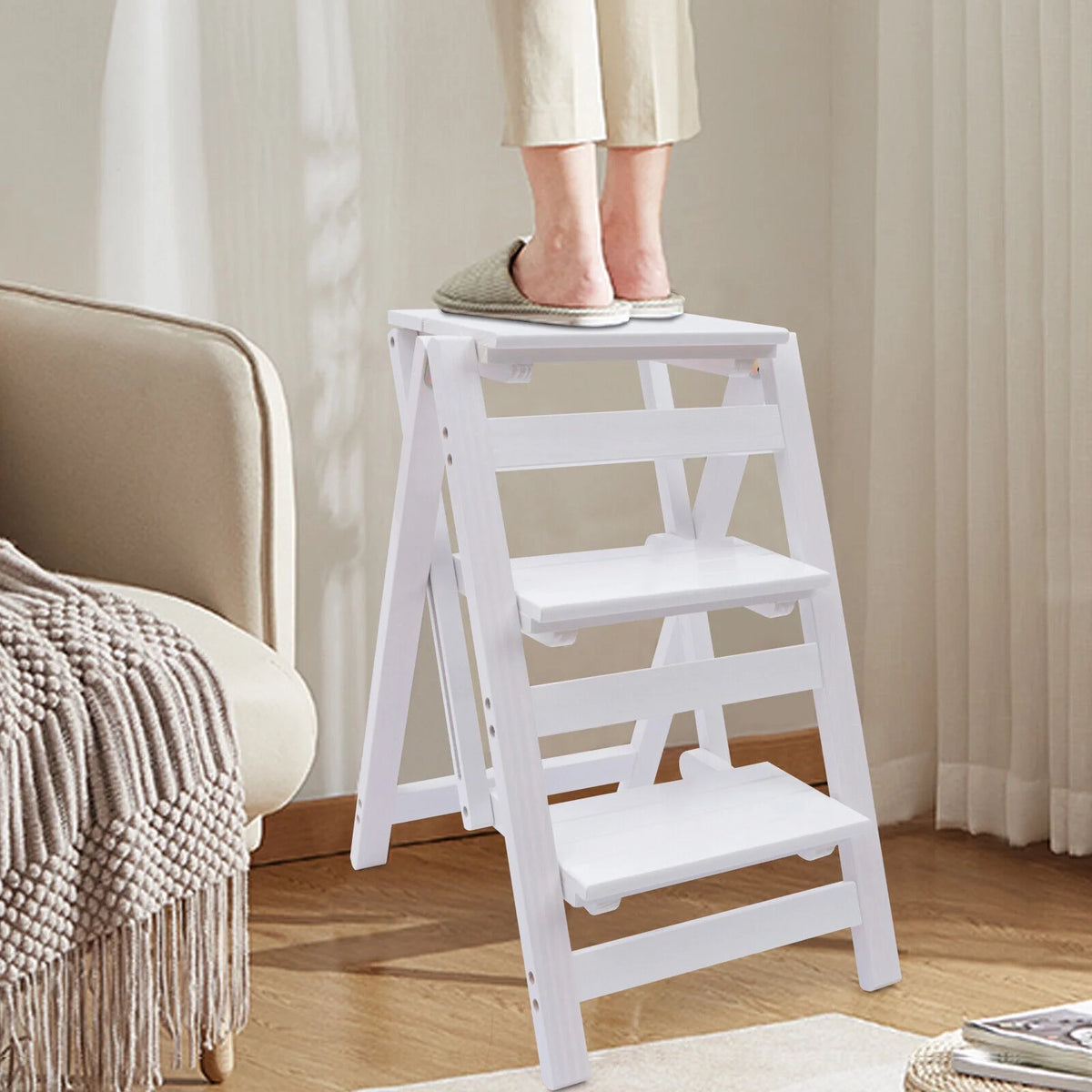 White 3-Tier Step Stool Solid Wood Folding Ladder Anti-Slip Step Stool