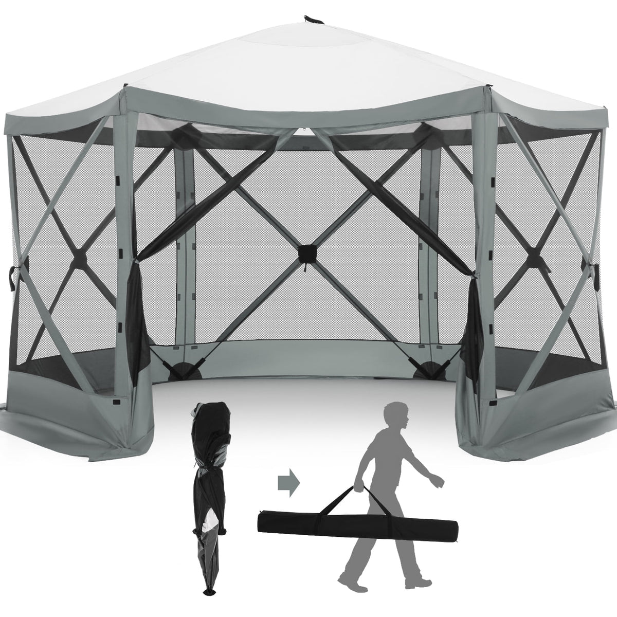 SANOPY 12'x12' Gazebo Outdoor Pop up Gazebo Screen Tent with 6 Sides Mosquito Netting Camping Gazebo Instant Shelter Glamping Tent with Carry bag, Ground Spike, Gray