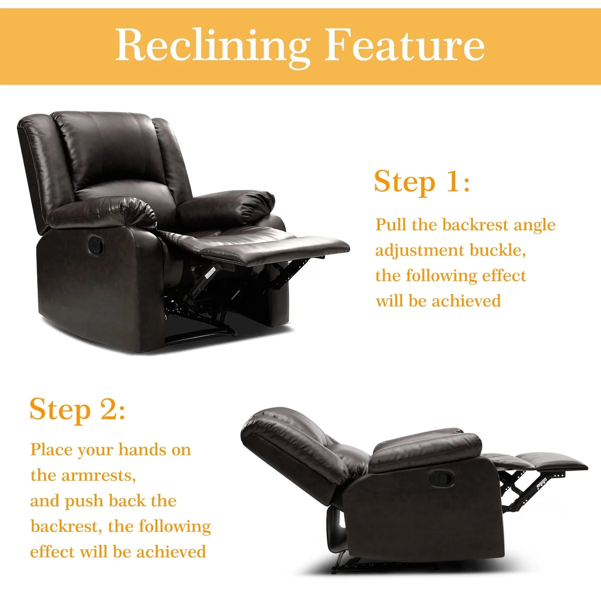 Fairyland PU Leather Ergonomic Recliner, Adjustable Seat Back and Footrest, Quick Installation, Brown