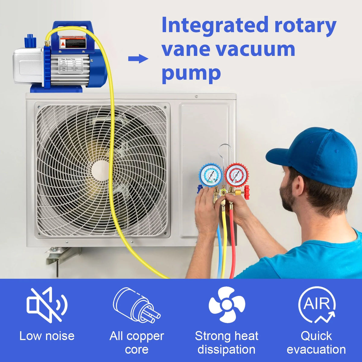 AC Vacuum Pump and Gauge Set, 4 CFM Vacuum Pump Kit for AUTO/Mini Split System for R134a R410a R12 Refrigerants, with R134a Quick Couplers and Can Tap