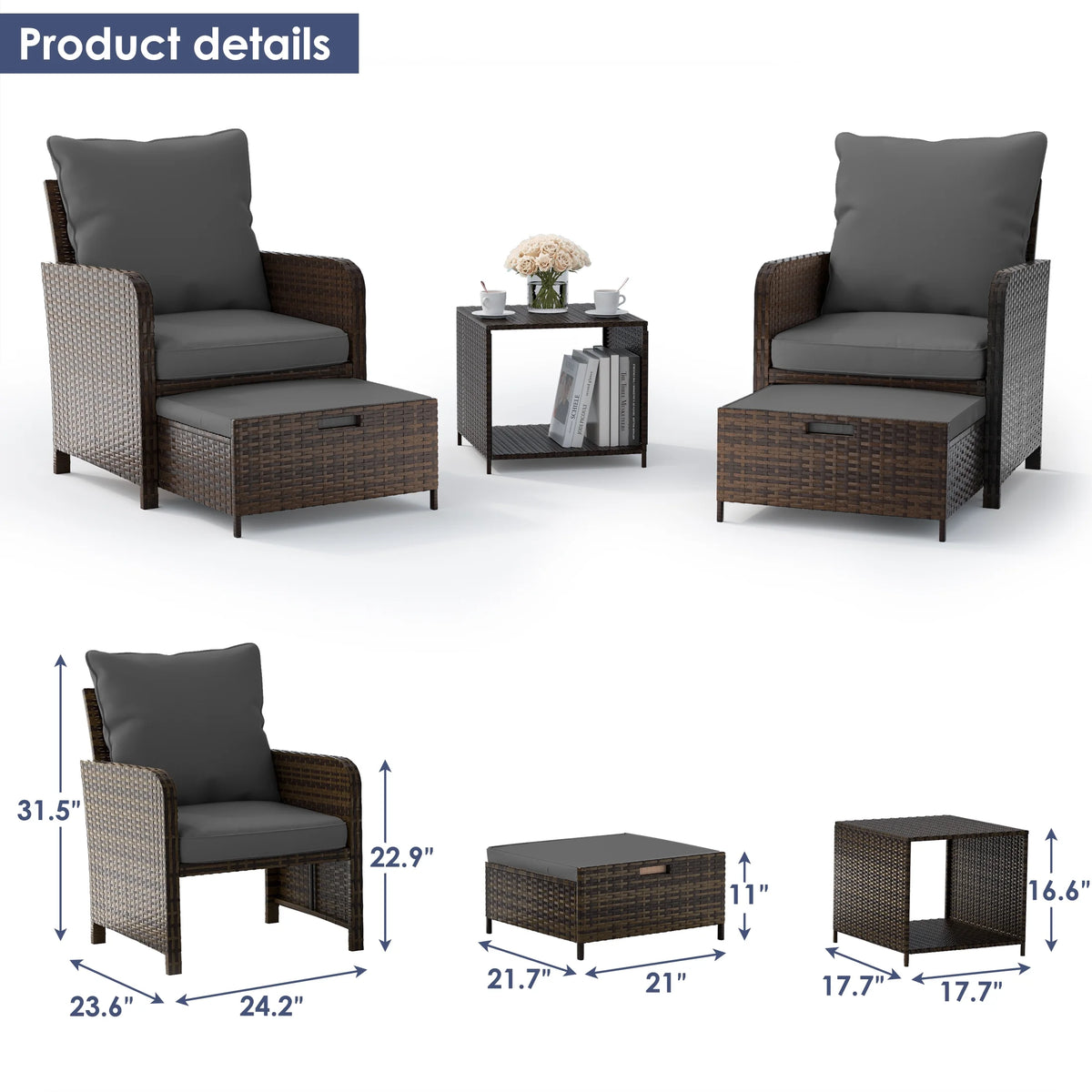 UDPATIO Balcony Furniture 5 Piece Patio Furniture Set, Outdoor Patio Chair , Dark Grey