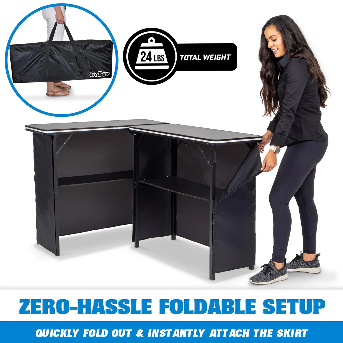 GoBar Portable Double Bar Table Set with Multi-Color LED Lights - Mobile Bartender Station for Events - Includes Carrying Case