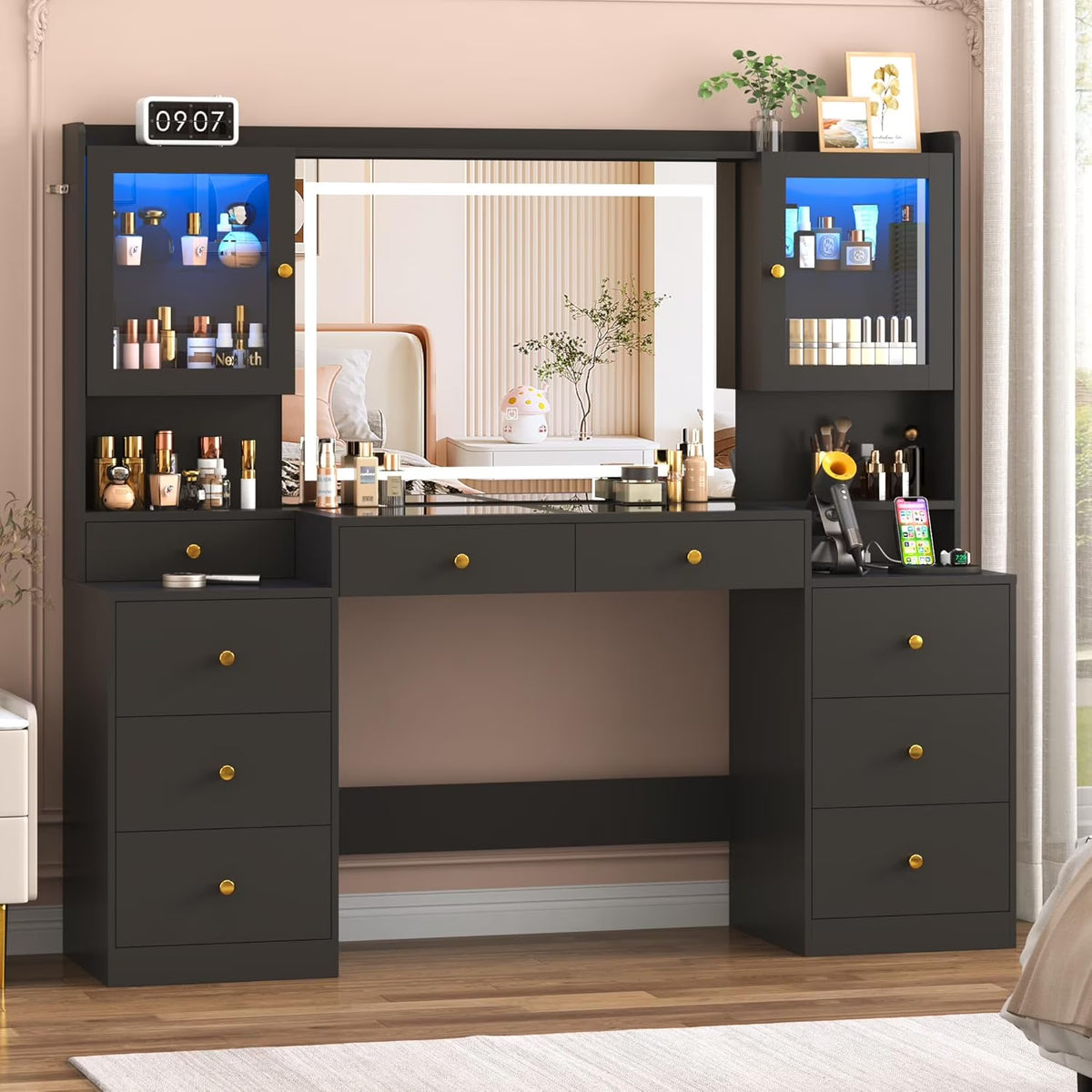 Blotout 62'' Large Vanity Desk w/60000-color LED Lights, Tempered Glass Top, Power Outlet, Makeup Vanity Table w/ 3 Lights Mode Mirror, 9 Drawers, 2 RGB Cabinets, LED Dressing Table for Girls, Women