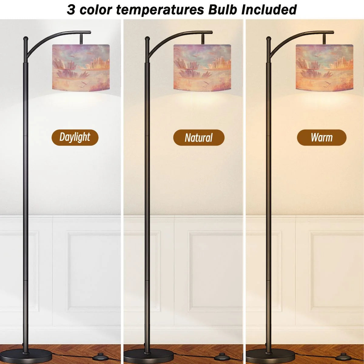 Arc Floor Lamps Surreal Bookshelf Dreamlike Sky Art Print Modern LED Adjustable Lampshade Standing Light for Living Room Reading Bedroom Office