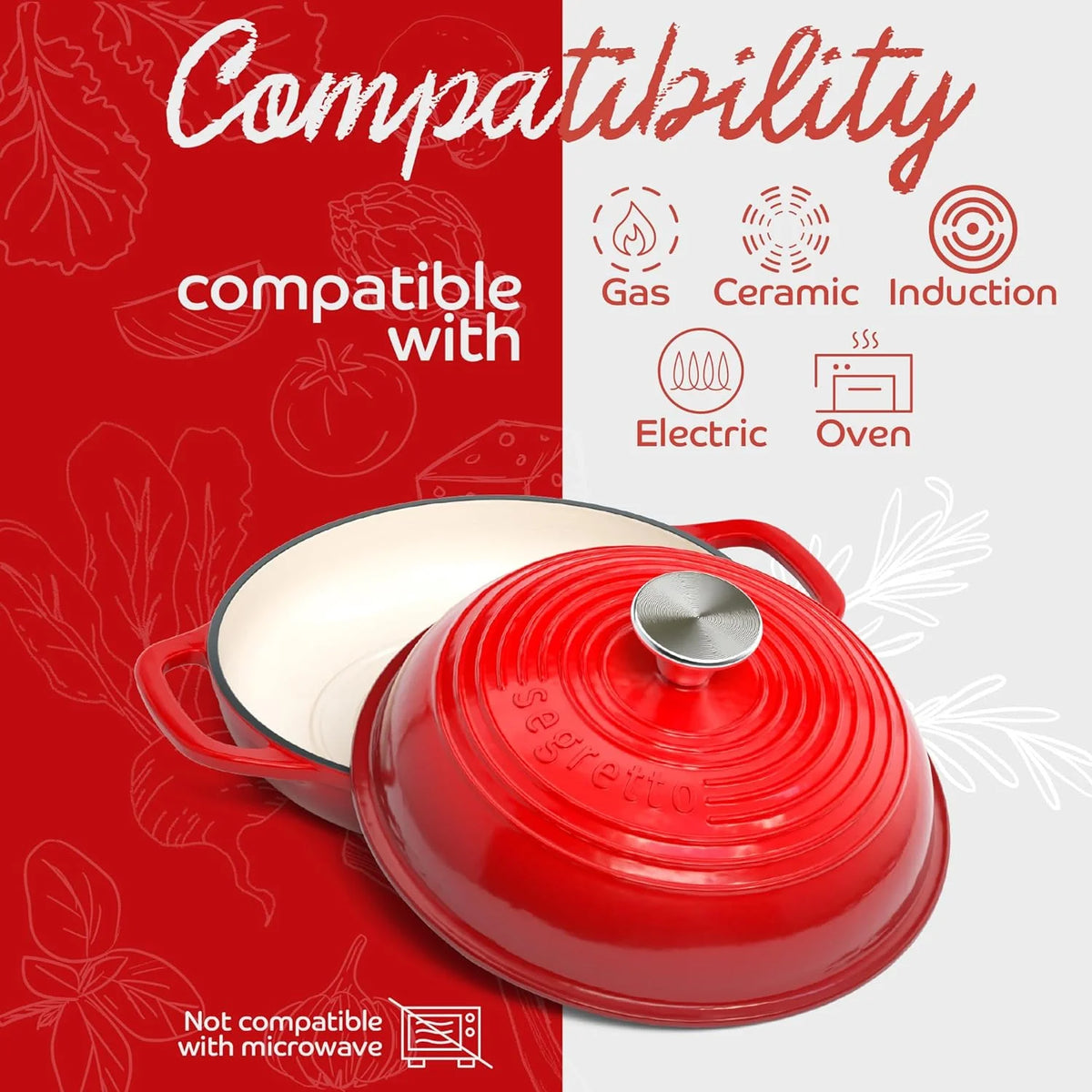 Segretto Cookware 11" Enameled Cast Iron Dutch Oven for Bread, Bread Maker Pan with Lid, Red
