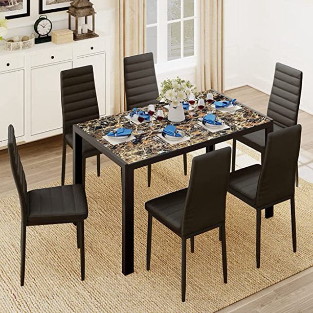 Lofka Dining Table Set for 6, Kitchen Table Set with 6 High Back Chairs, 330lbs, White