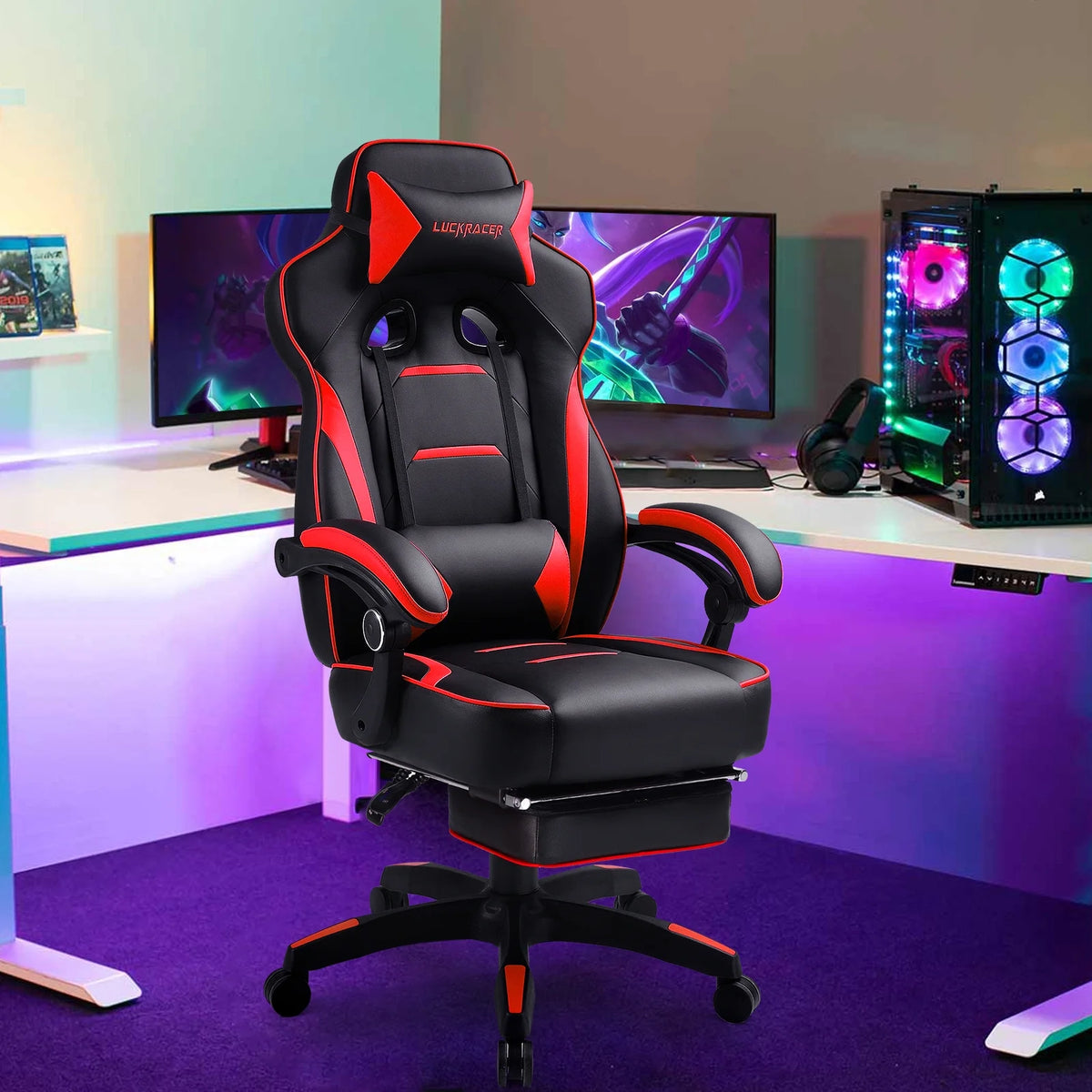 GTPLAYER Gaming Chair with Footrest, Big and Tall Game Chair 350lb Racing Style Computer Chair, Ergonomic Executive Office Chair High Back with Lumbar Support and Recliner, Black