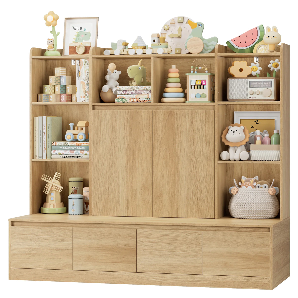 Homfa 10 Cubes Kids Toy Storage Organizer, 4 Drawers Kids Bookcase and Bookshelf with Doors & Adjustable Shelves for Playroom Kids Room, White